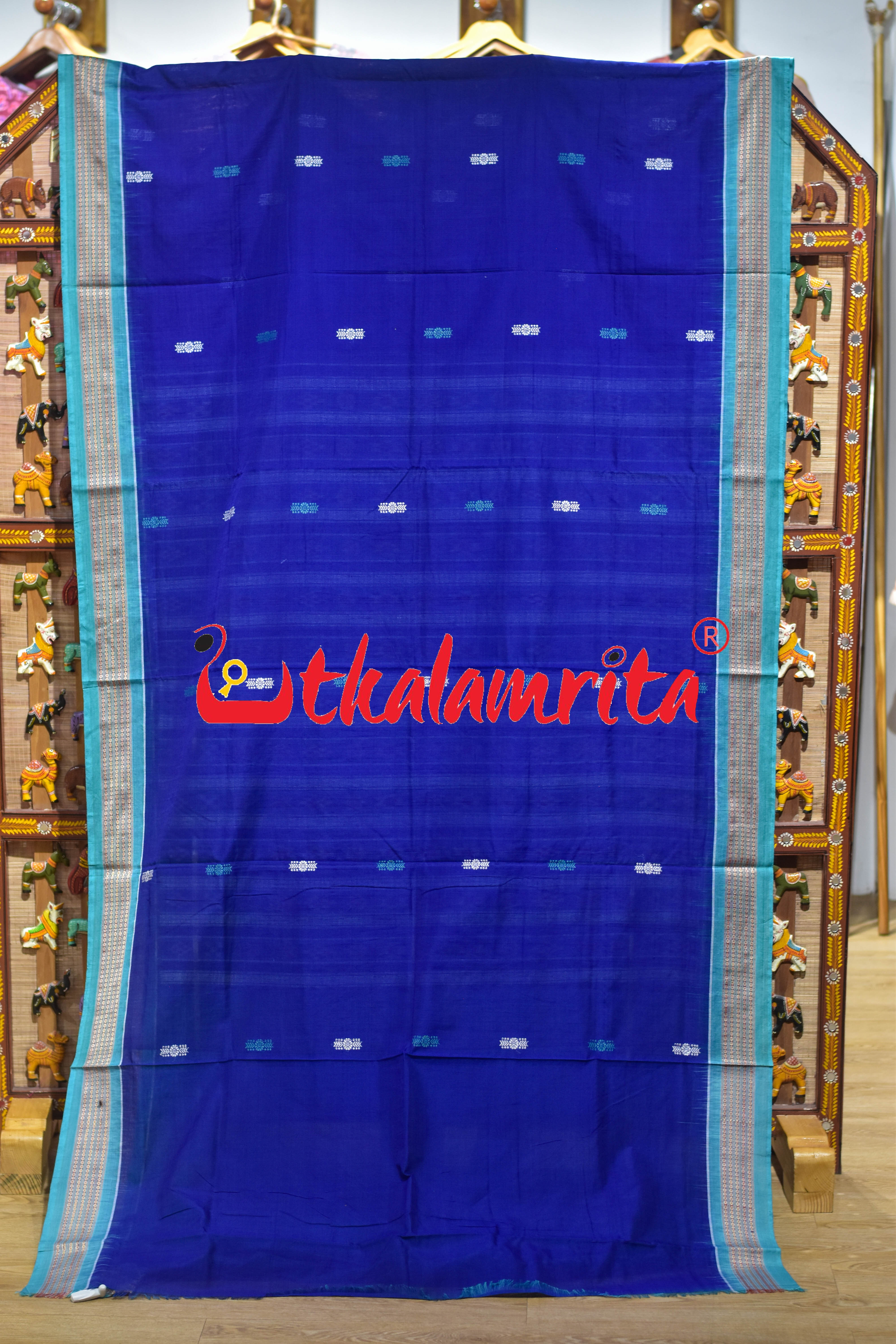 Blue Rama Green Flower Bomkai Cotton Saree
