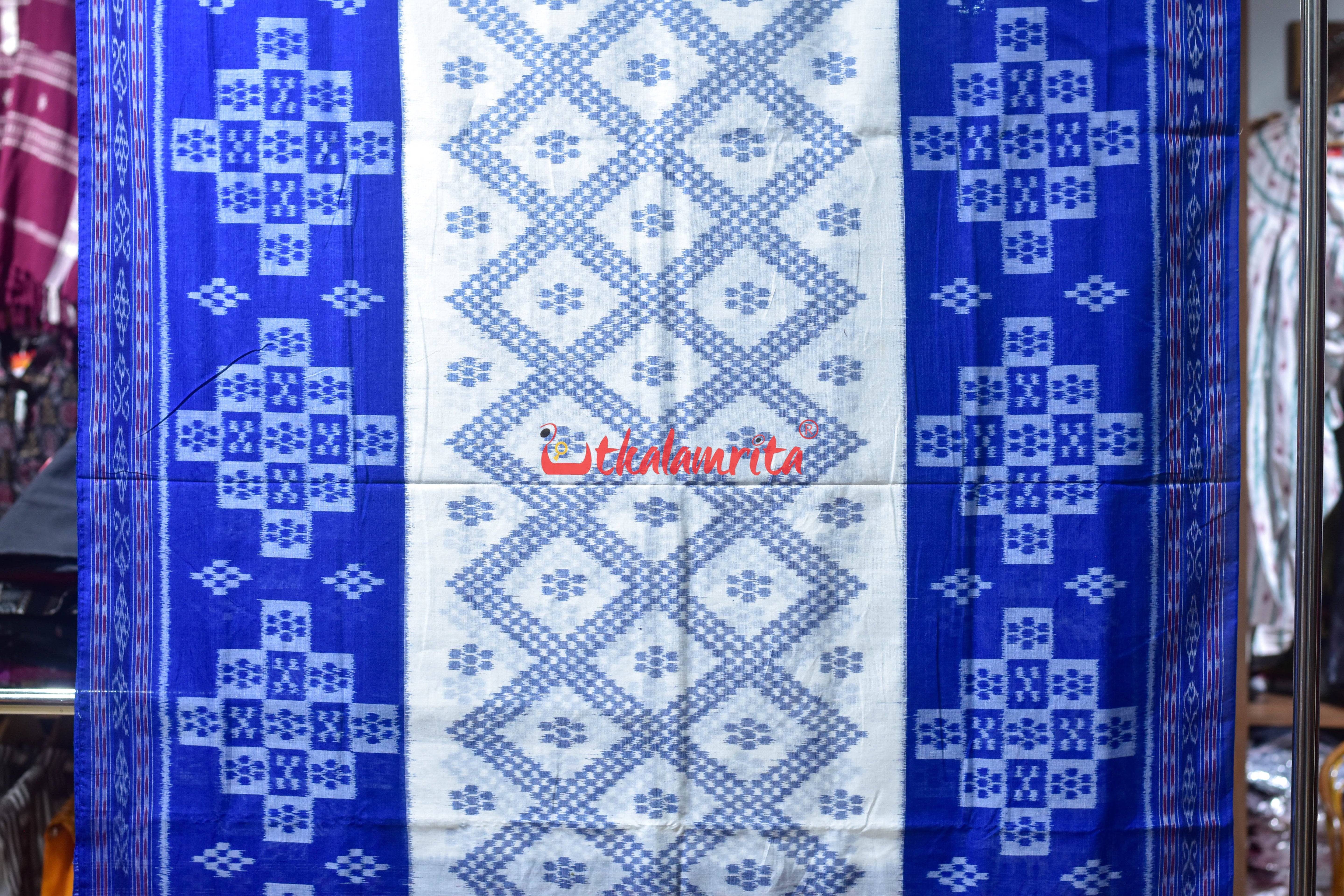 White Blue Bada Phula Khandua Cotton Saree