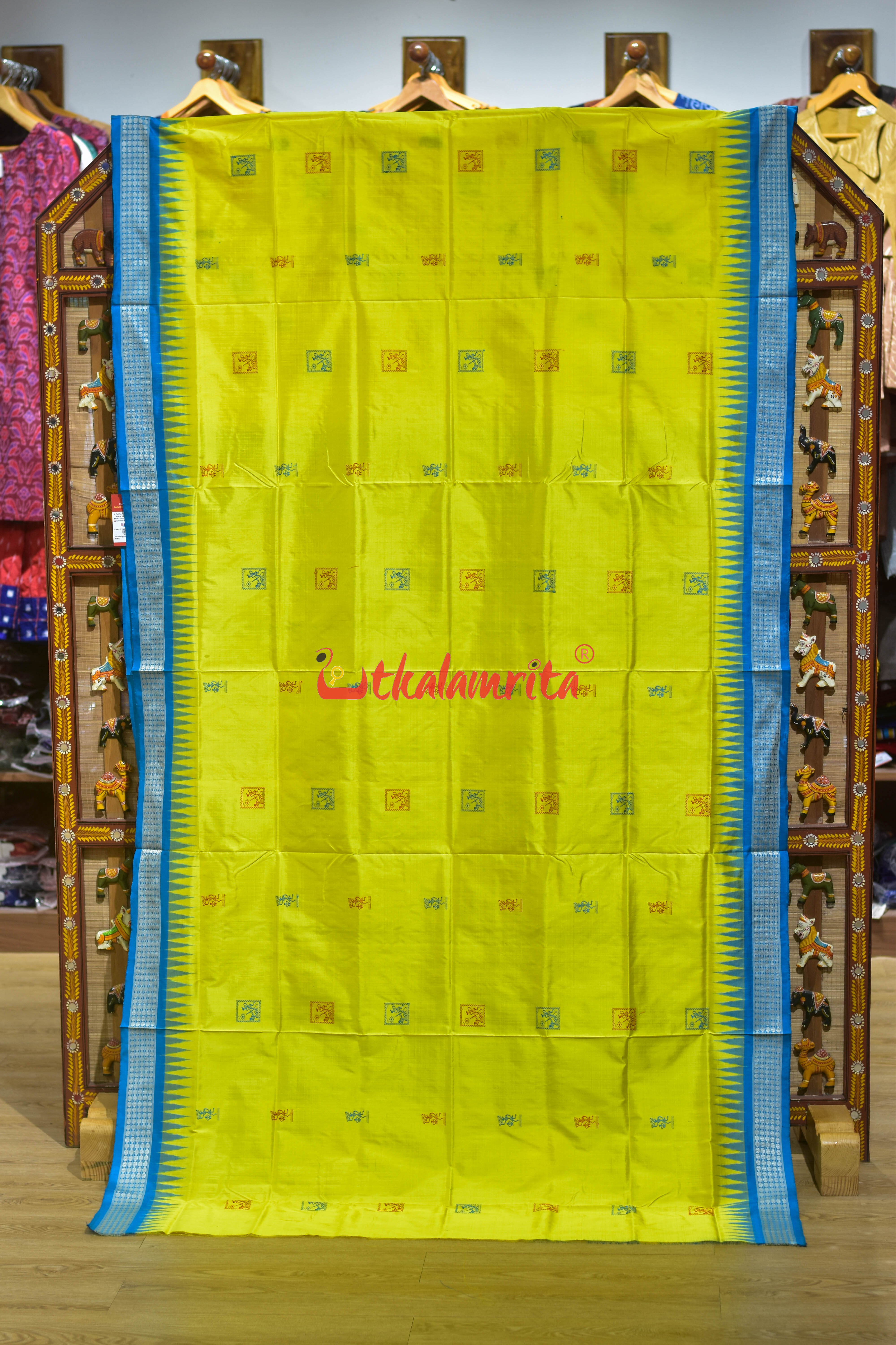 Lemon Yellow Copper Sulphate Box Tribal Bomkai Silk Saree