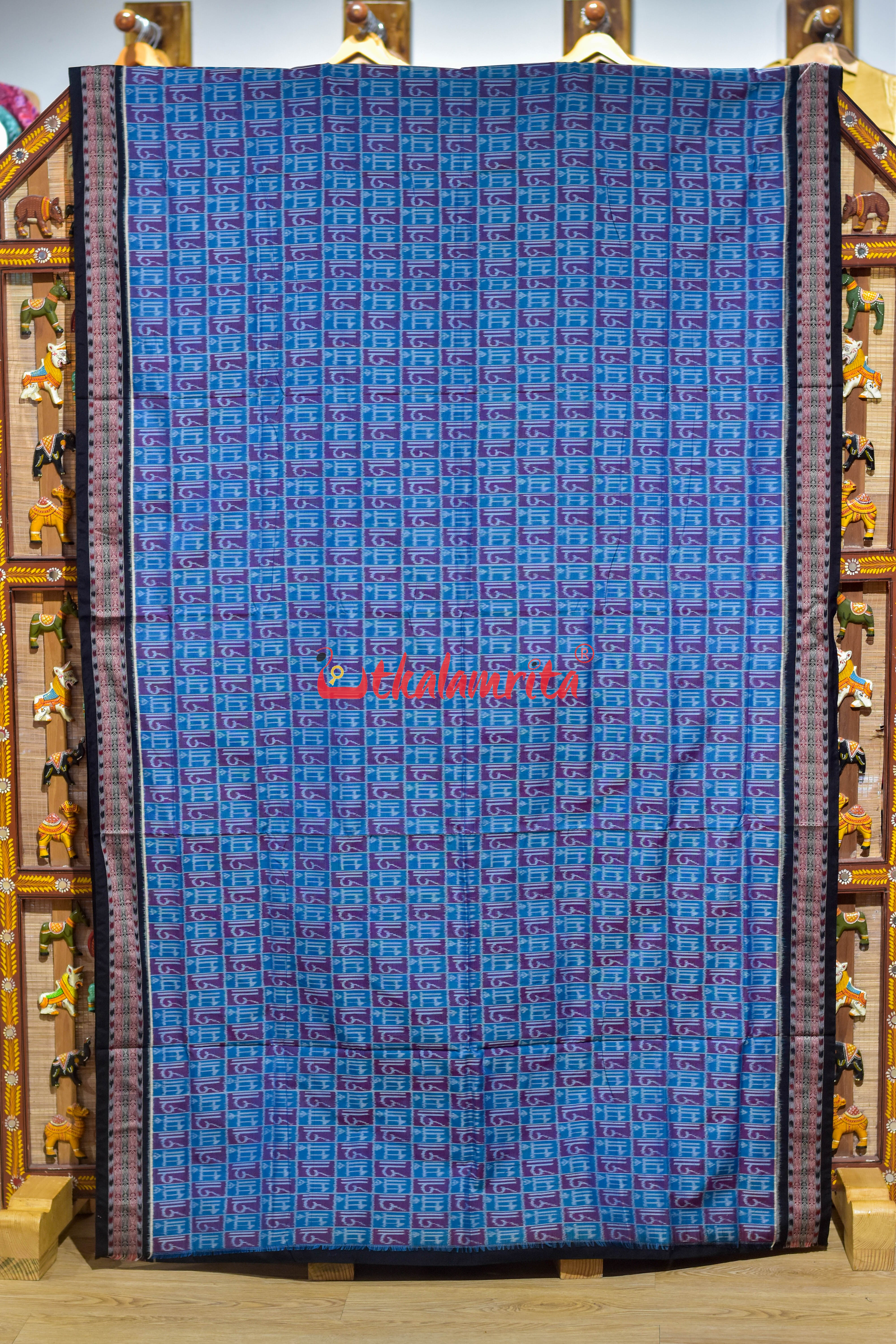 Teal Blue Red Maa Sambalpuri Cotton Saree