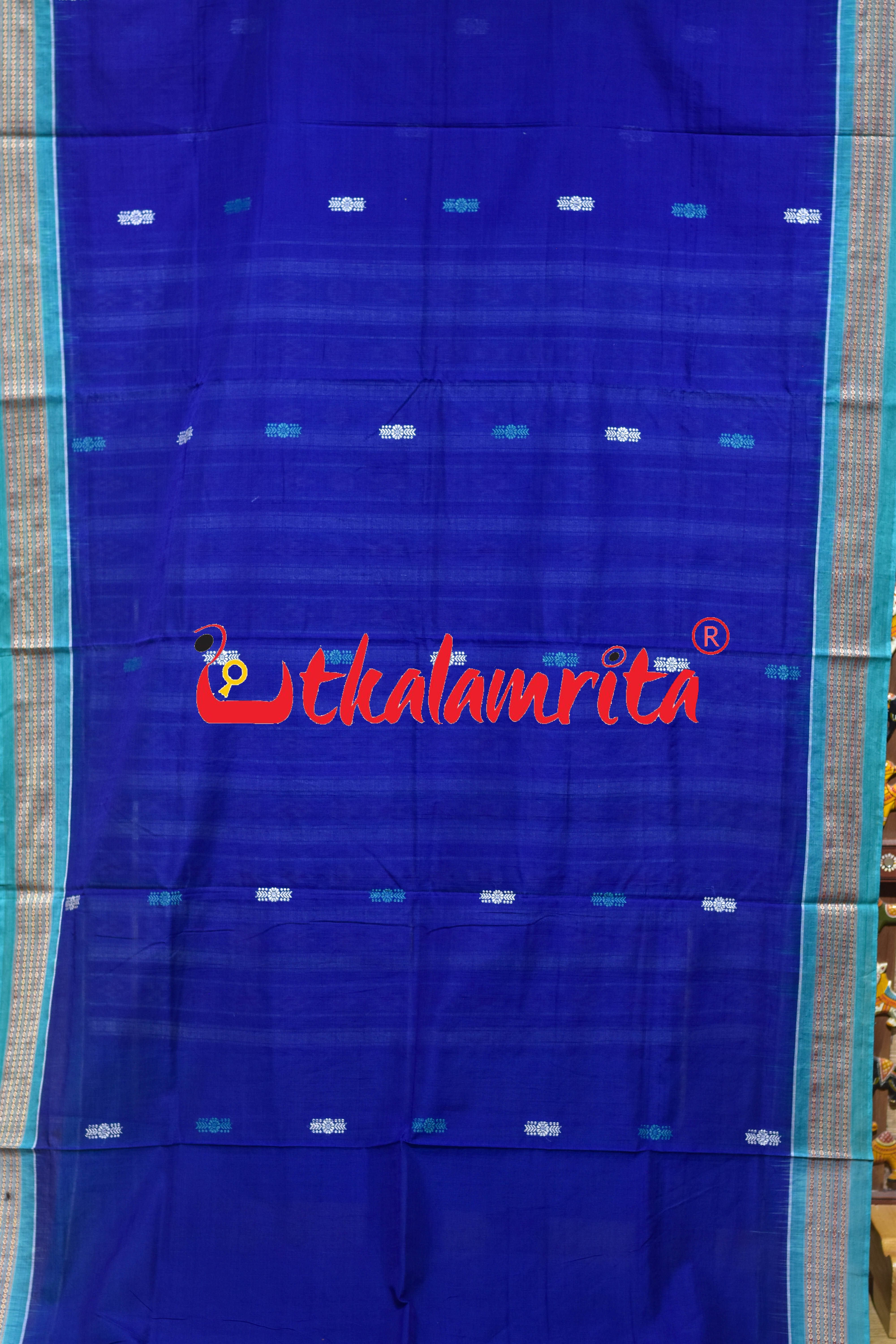 Blue Rama Green Flower Bomkai Cotton Saree