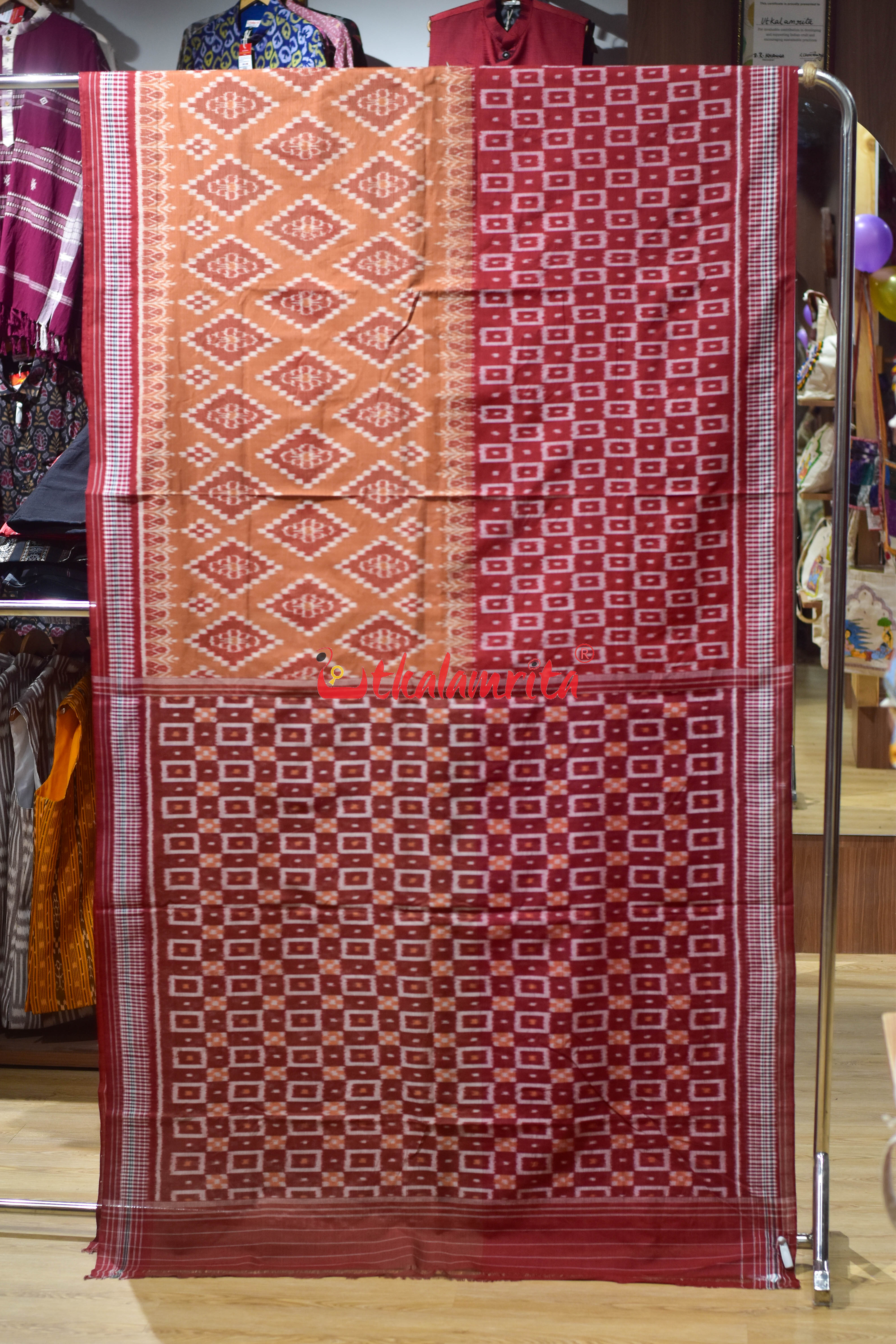 Half Half Rust Body Bandha Khandua Cotton Saree