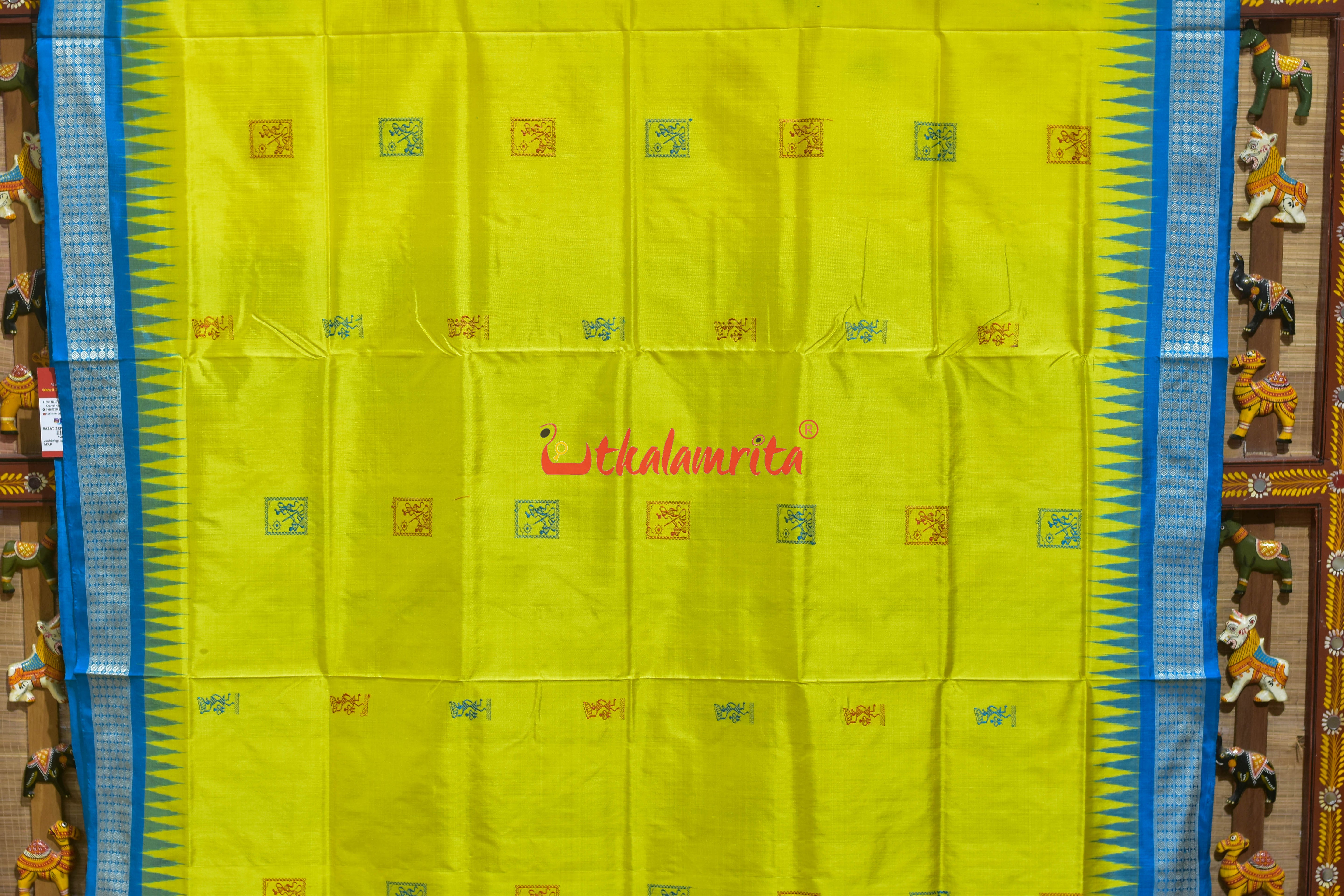 Lemon Yellow Copper Sulphate Box Tribal Bomkai Silk Saree