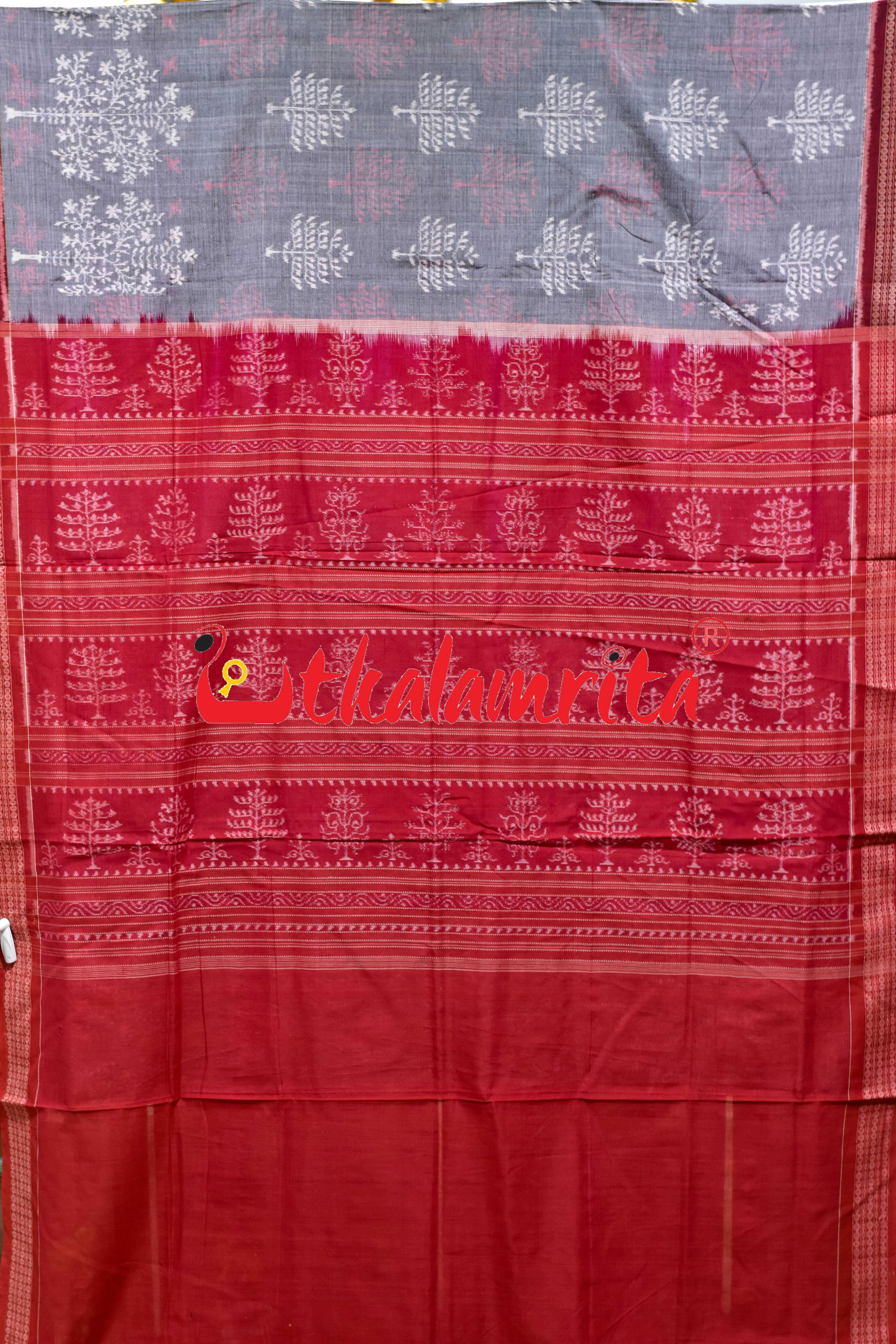 Grey Maroon Tree of Life Sambalpuri Cotton Saree