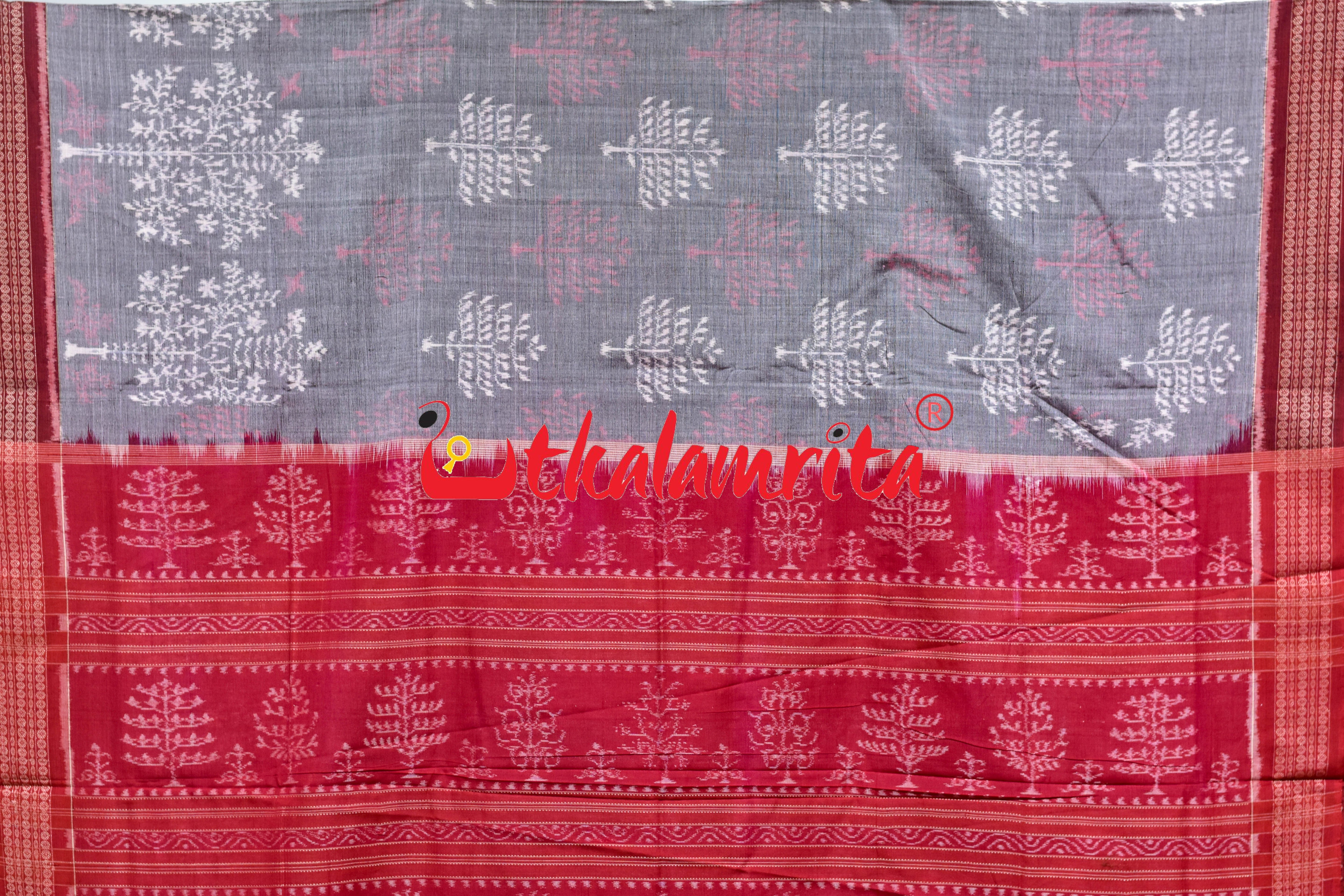Grey Maroon Tree of Life Sambalpuri Cotton Saree