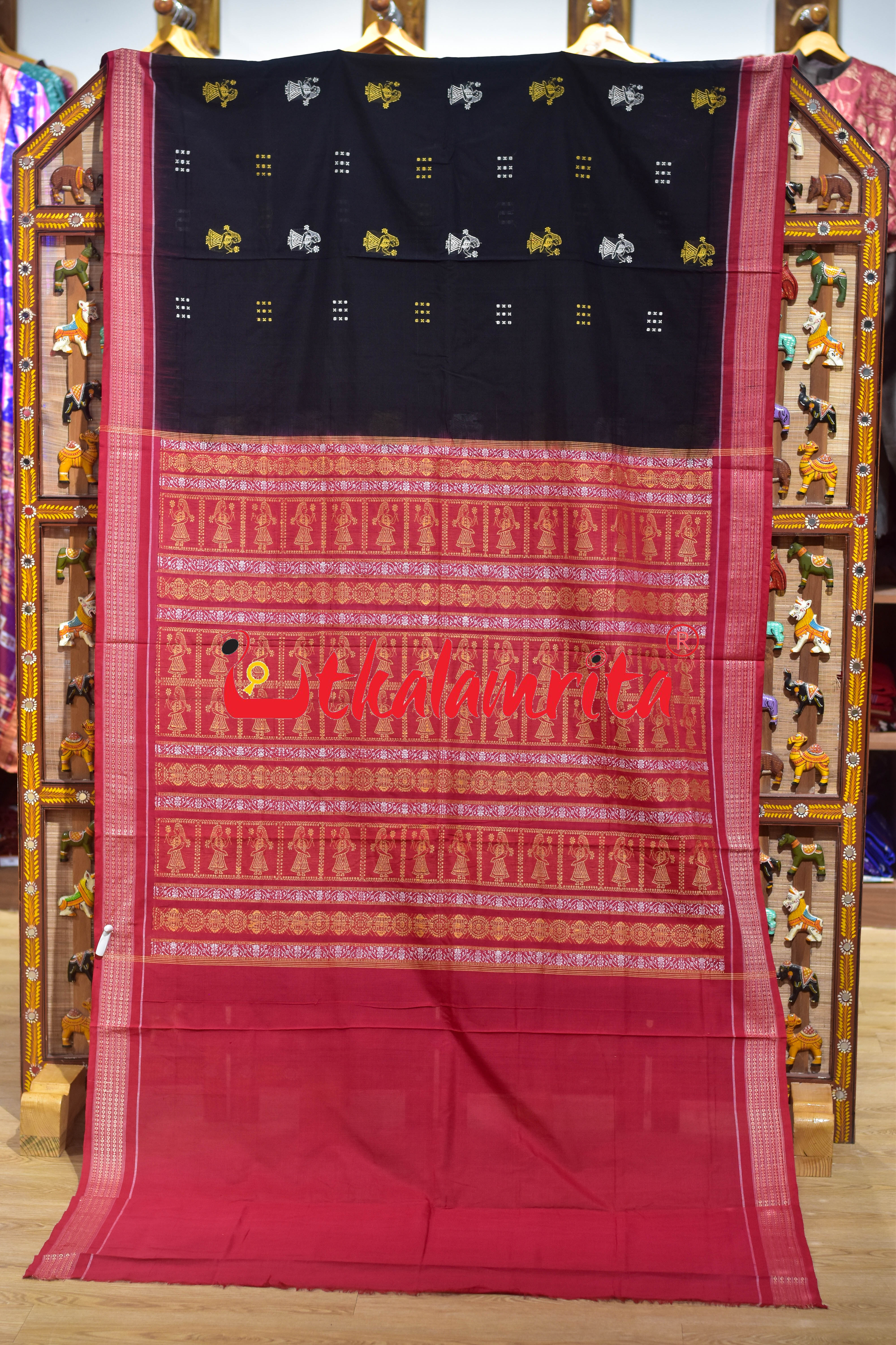 Black Red Doll Anchal Bomkai Cotton Saree