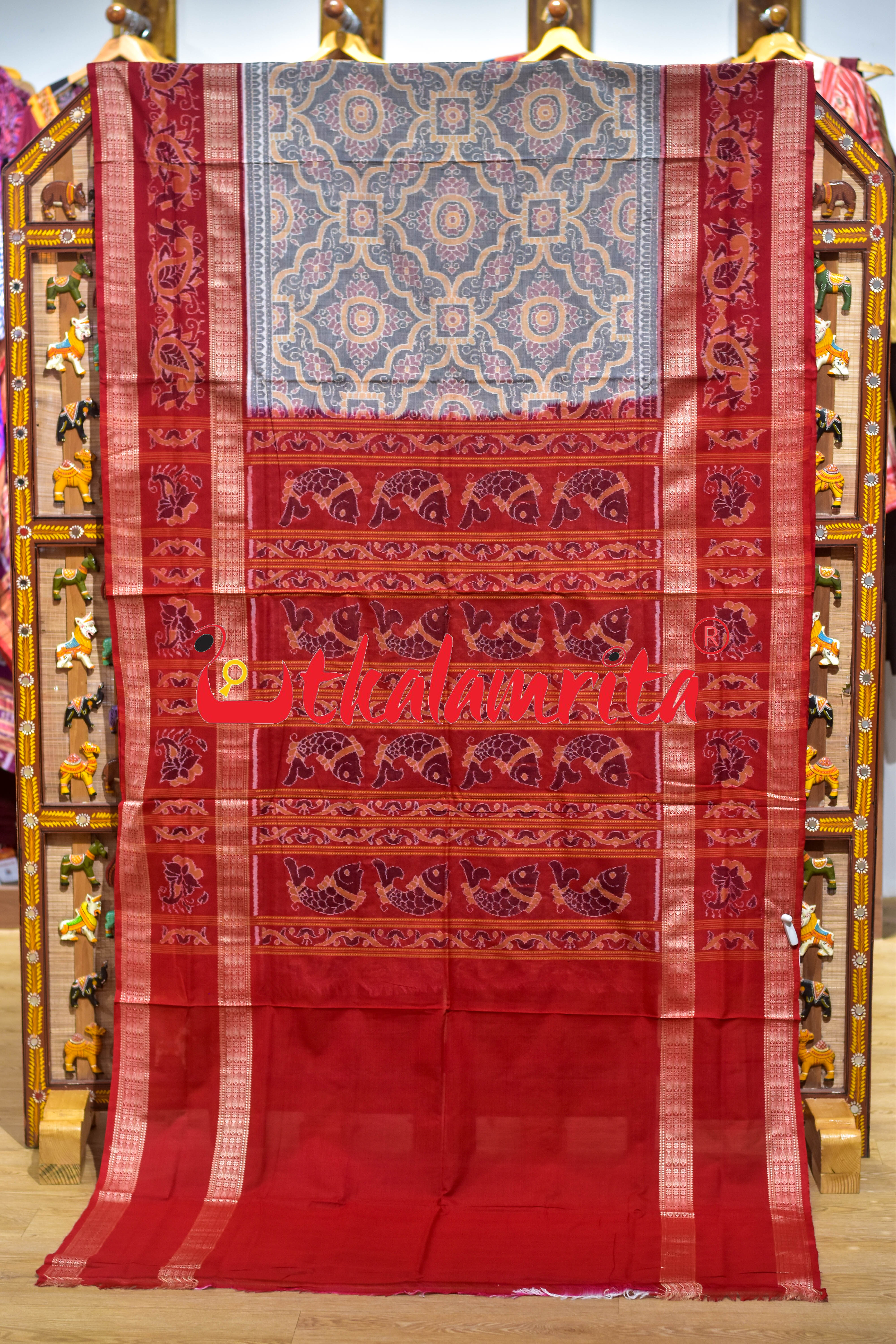 Grey Red Phula Jhoti Sambalpuri Cotton Saree