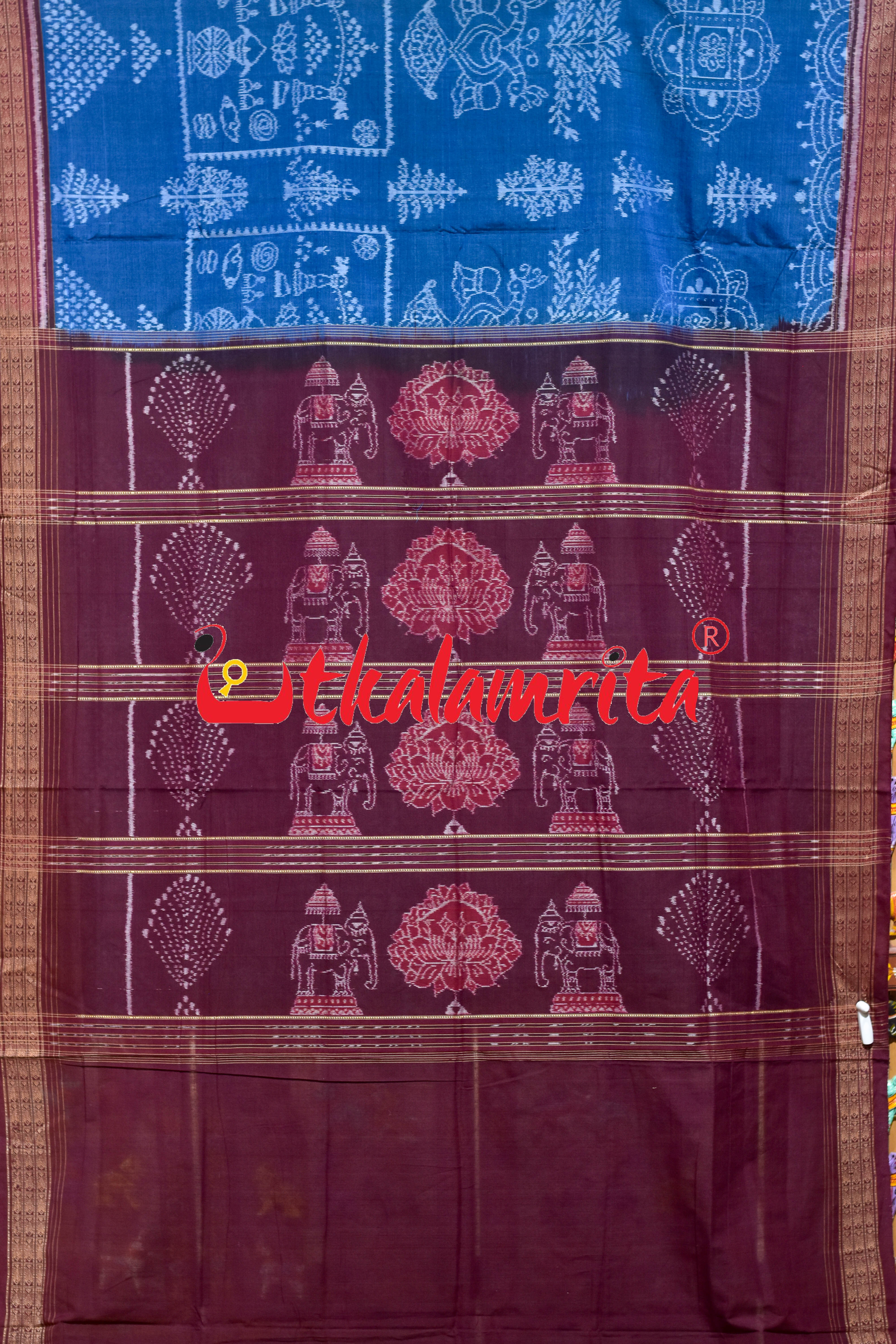 Mayura Kalasa Tree of Life Blue Maroon Sambalpuri Cotton Saree