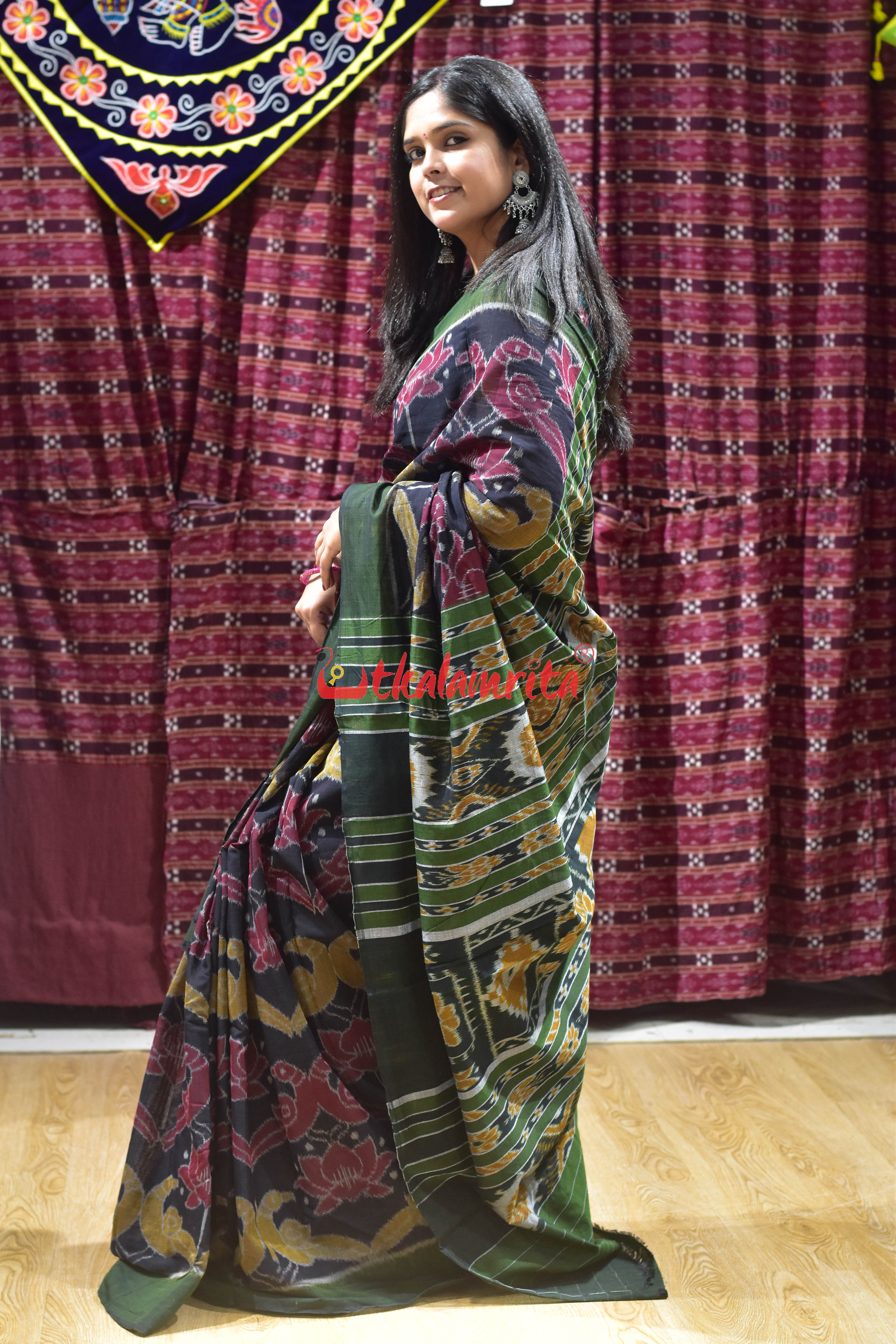 Lotus Parrot Black Khandua Cotton Saree