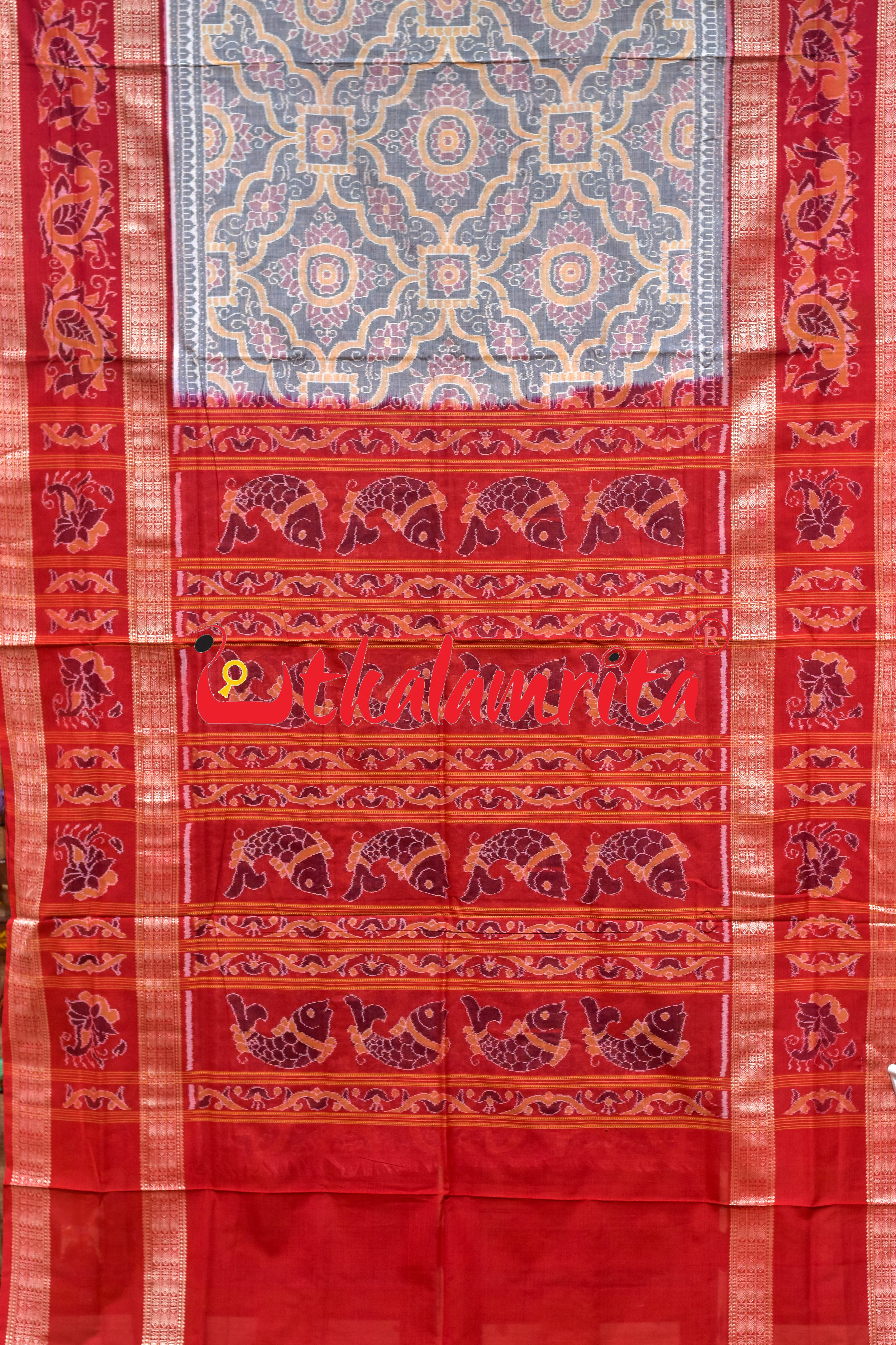 Grey Red Phula Jhoti Sambalpuri Cotton Saree
