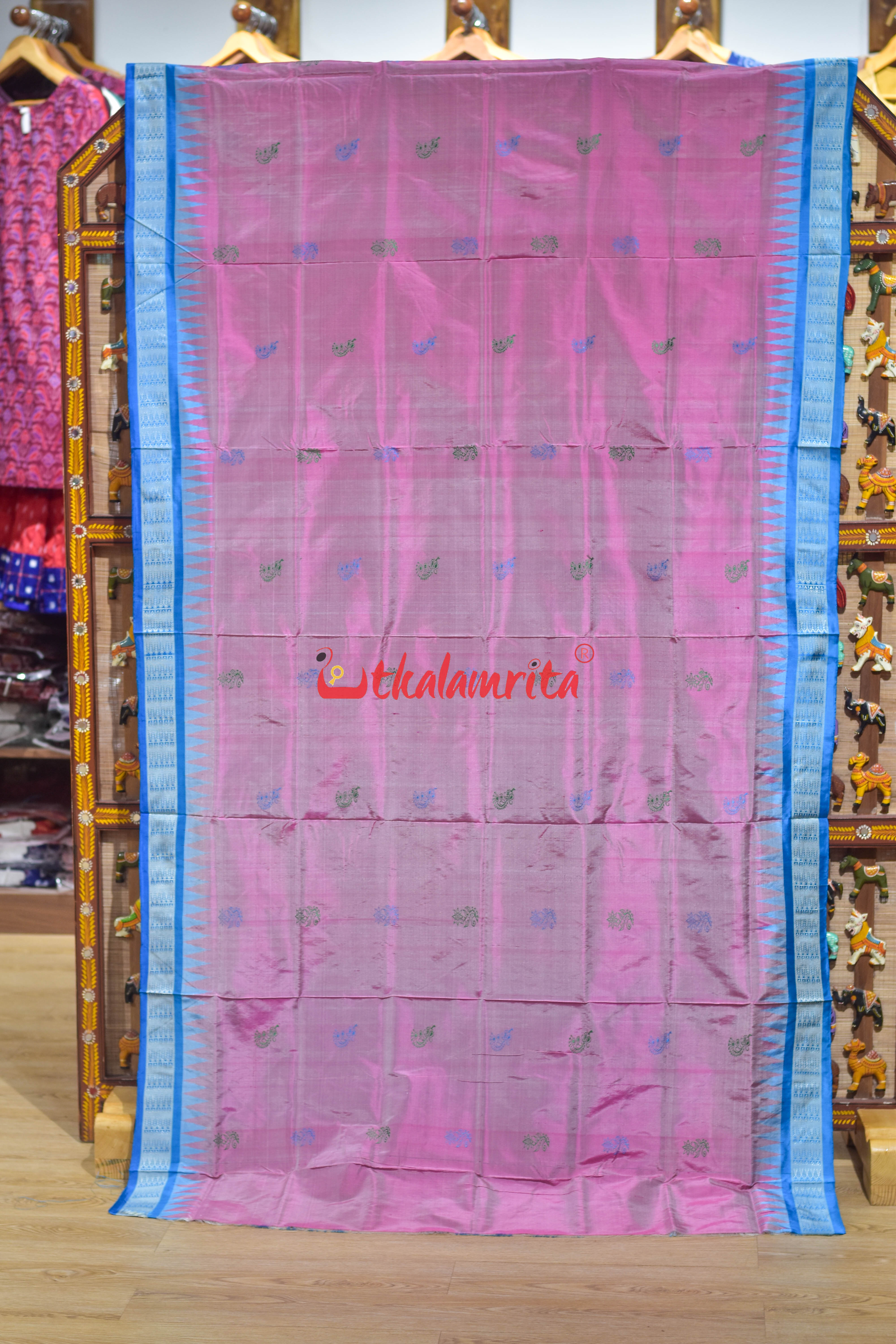 Light Pink Blue Phula Dala Bomkai Silk Saree