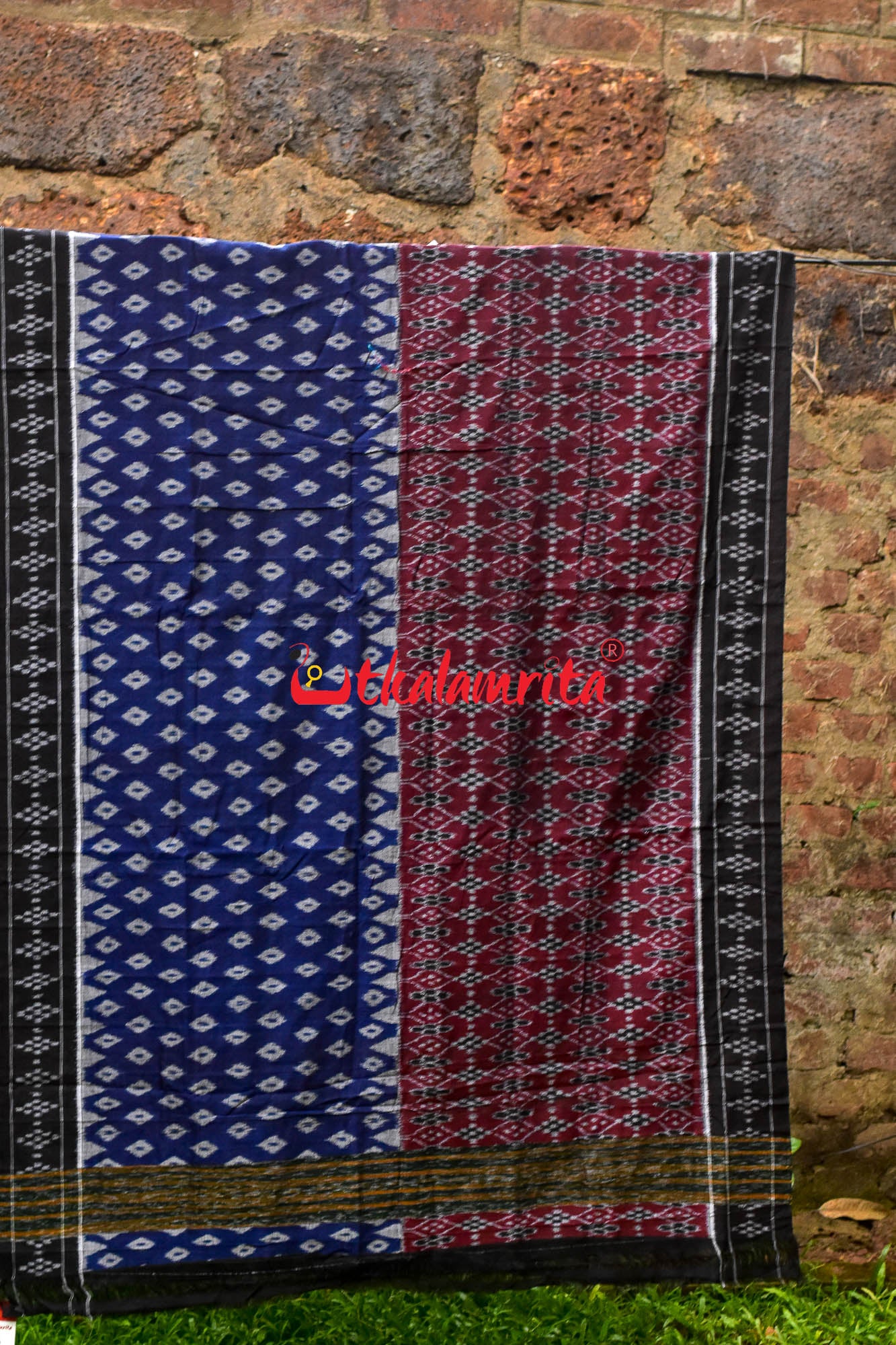 Half Half Maroon Blue Khandua Cotton Saree