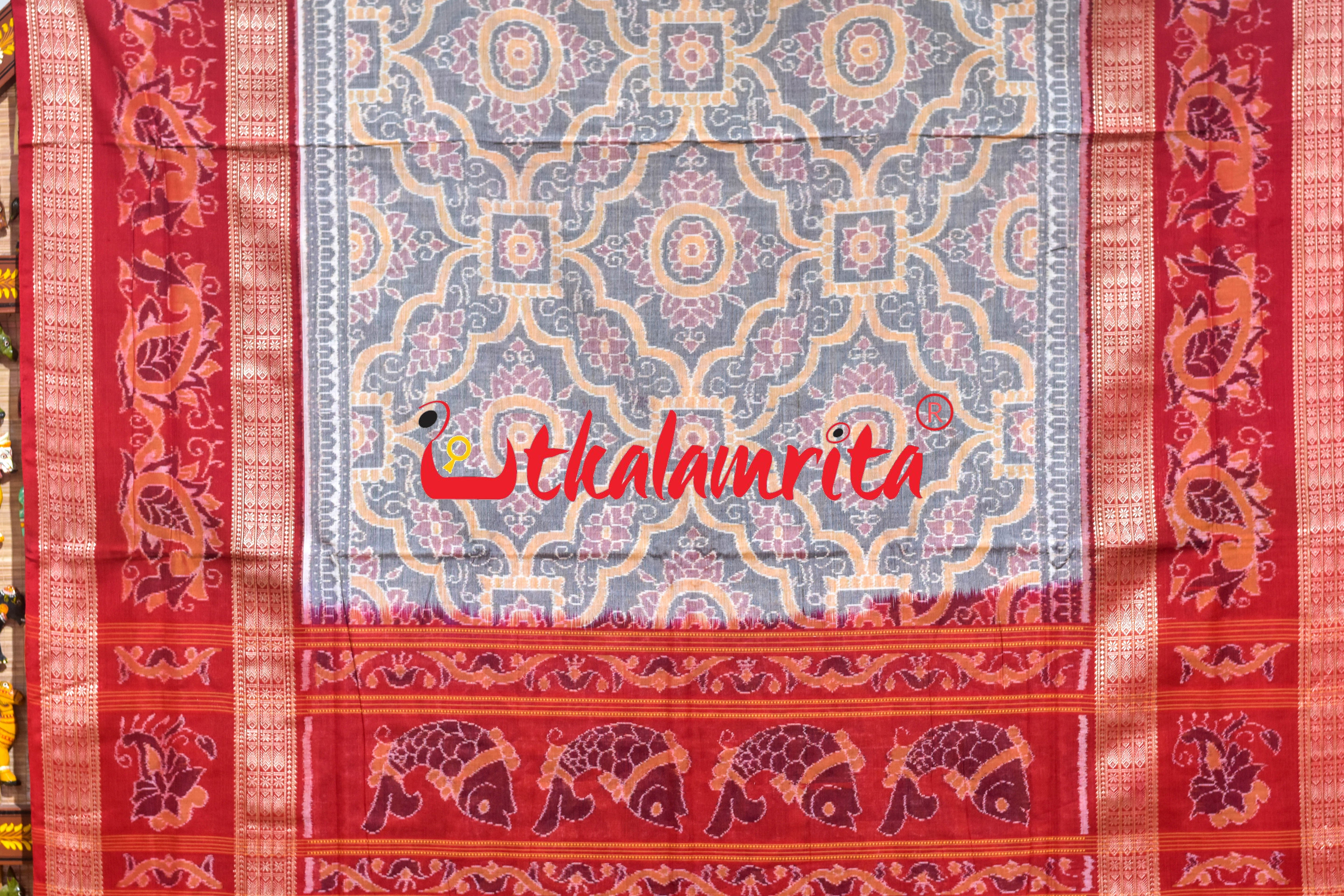 Grey Red Phula Jhoti Sambalpuri Cotton Saree