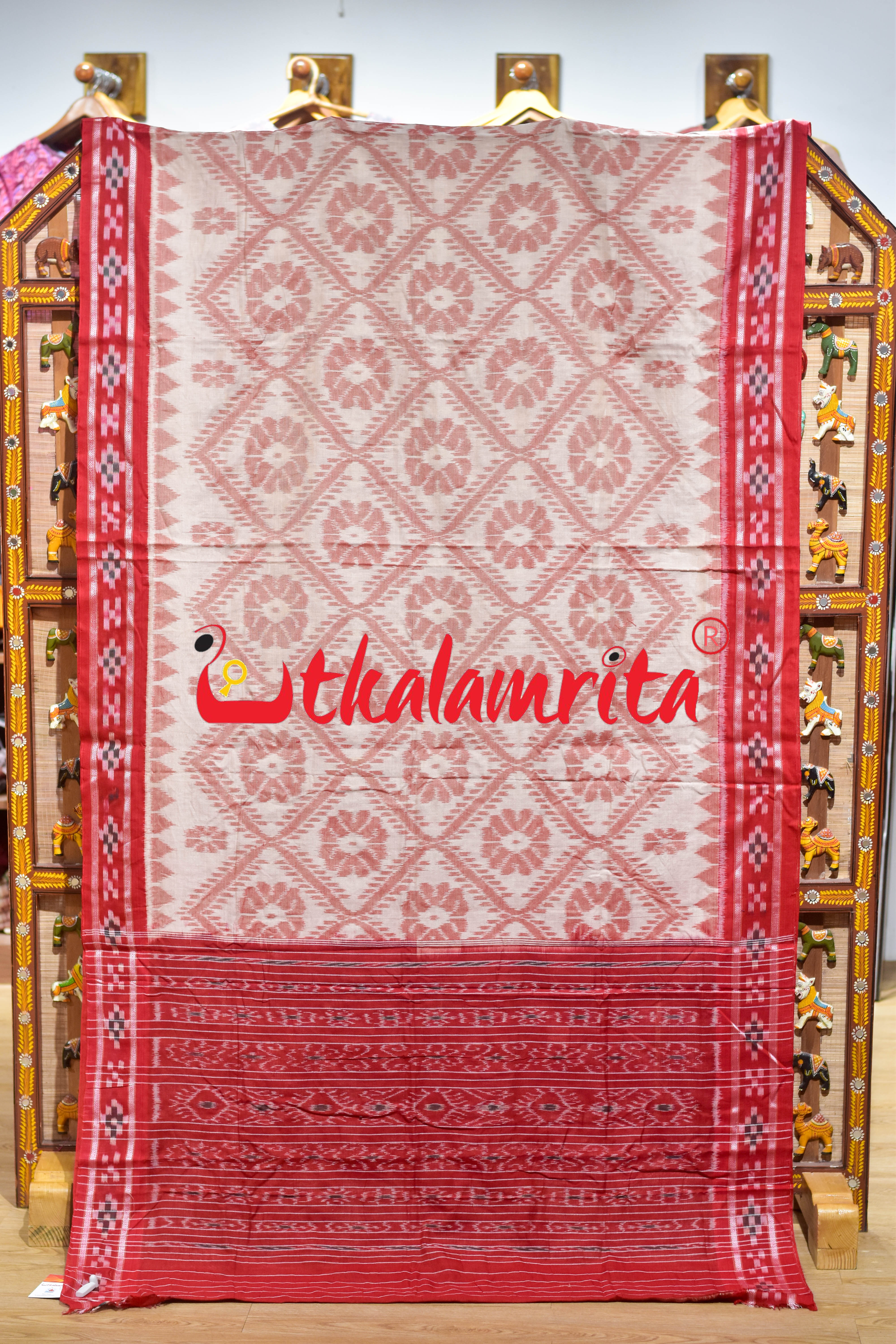 Off White Red Bada Phula Khandua Cotton Saree