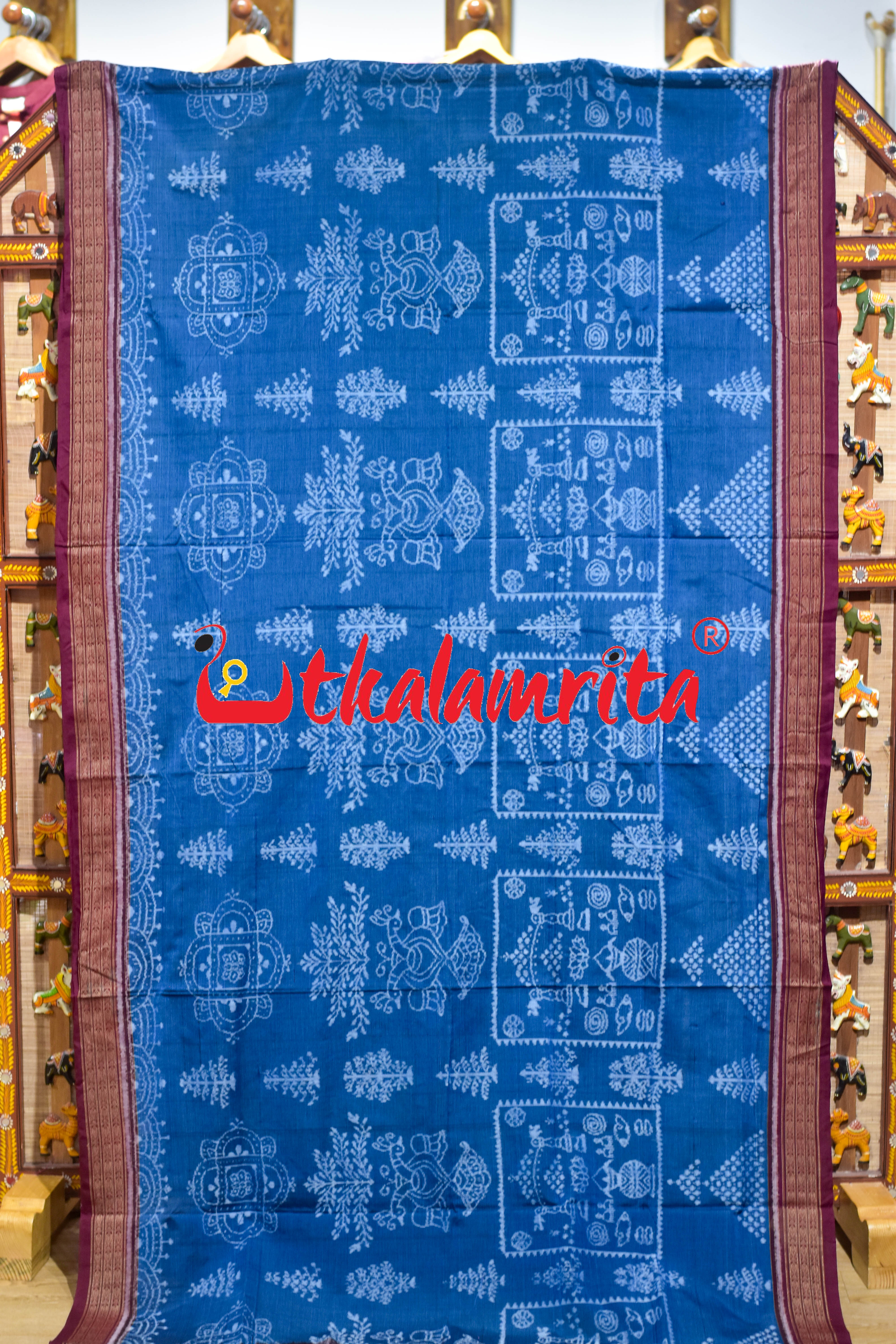 Mayura Kalasa Tree of Life Blue Maroon Sambalpuri Cotton Saree