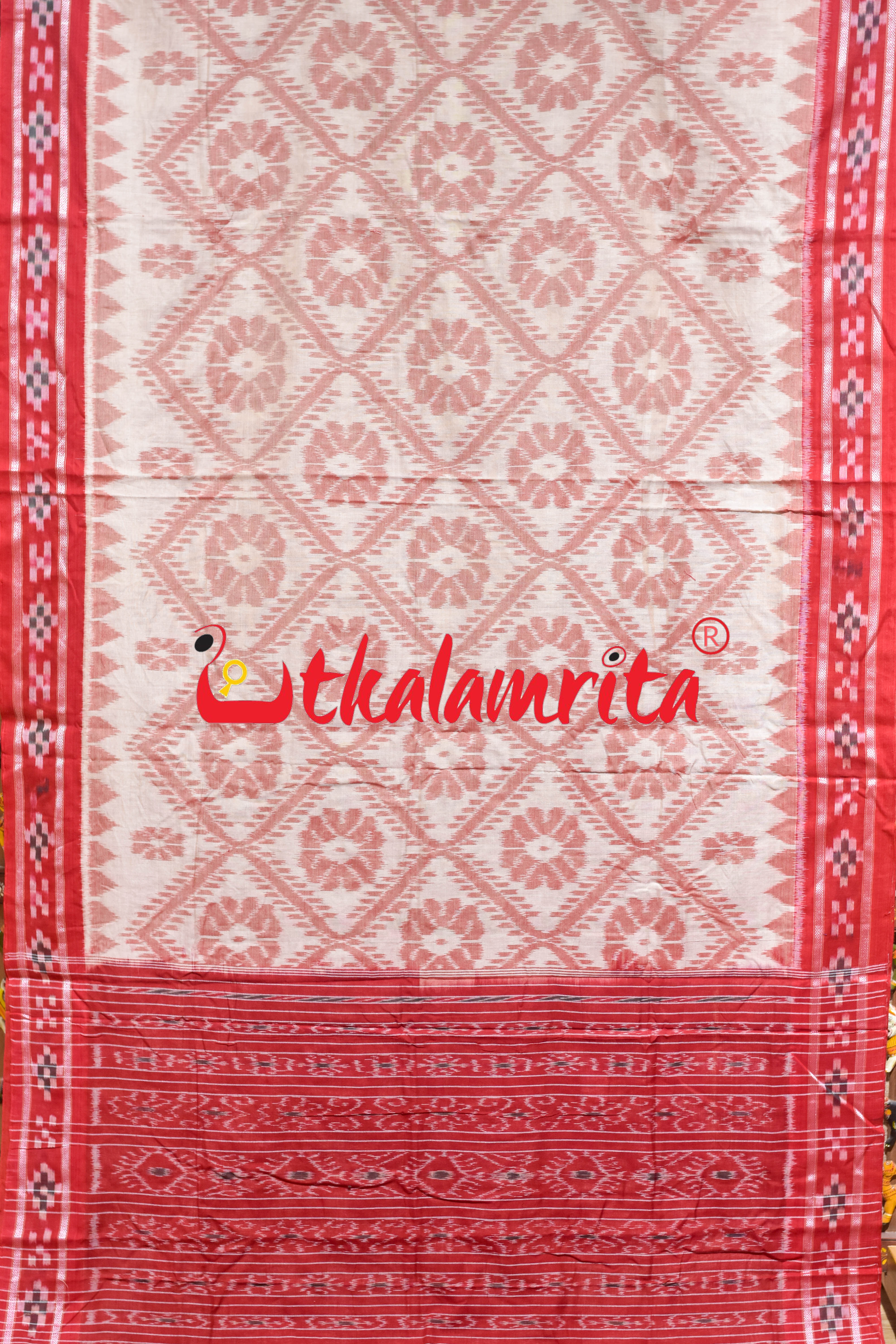 Off White Red Bada Phula Khandua Cotton Saree
