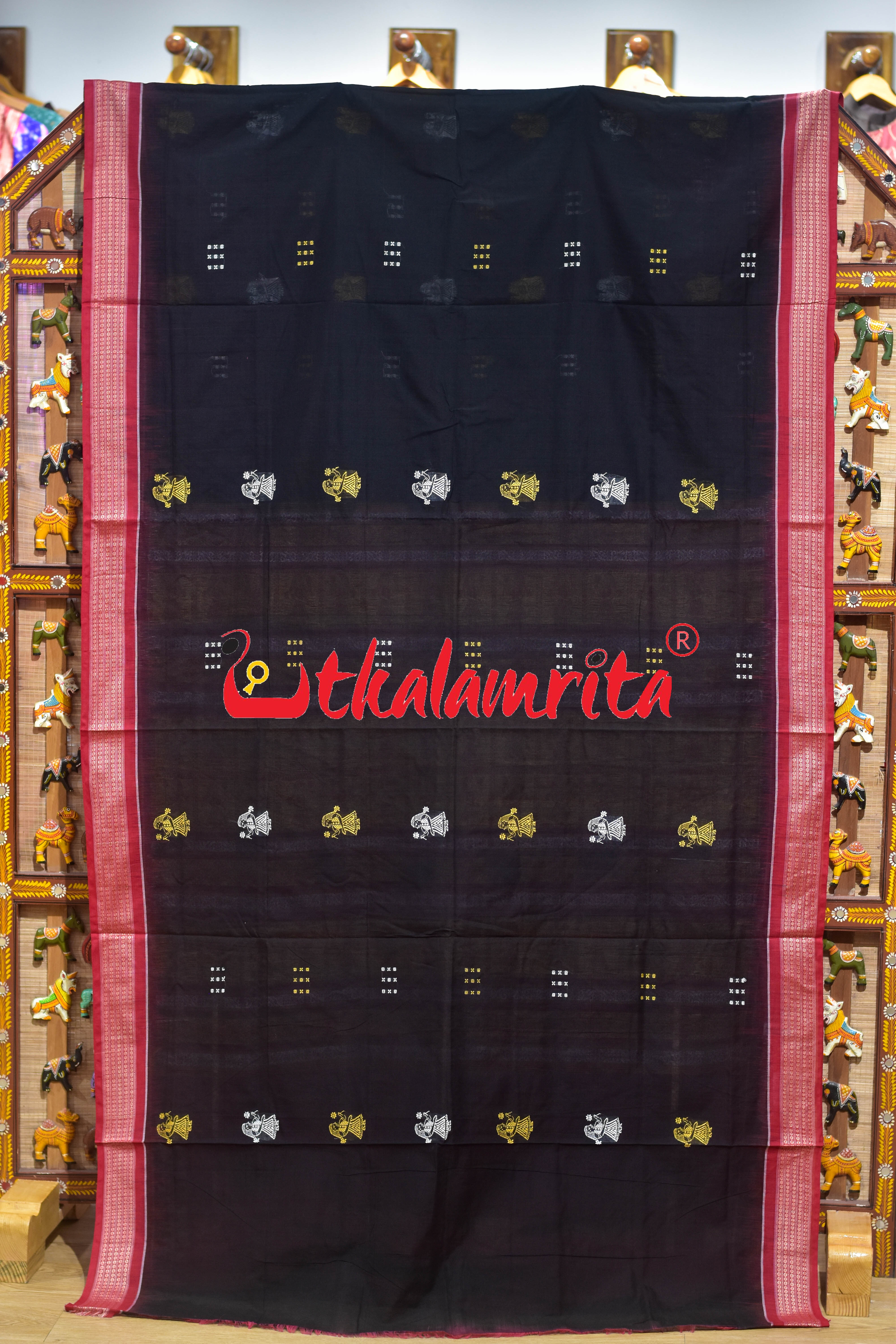 Black Red Doll Anchal Bomkai Cotton Saree