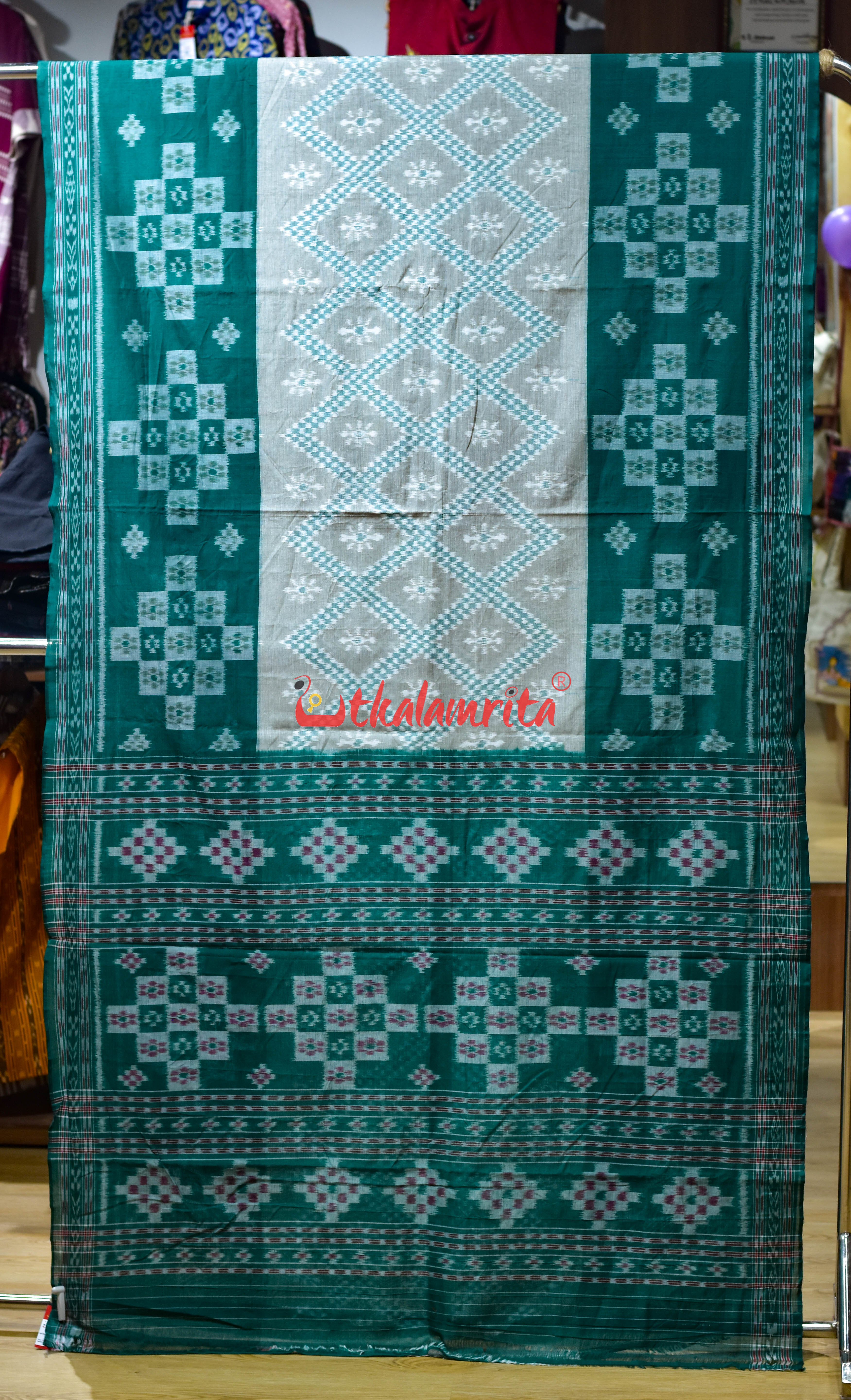White Green Bada Phula Khandua Cotton Saree