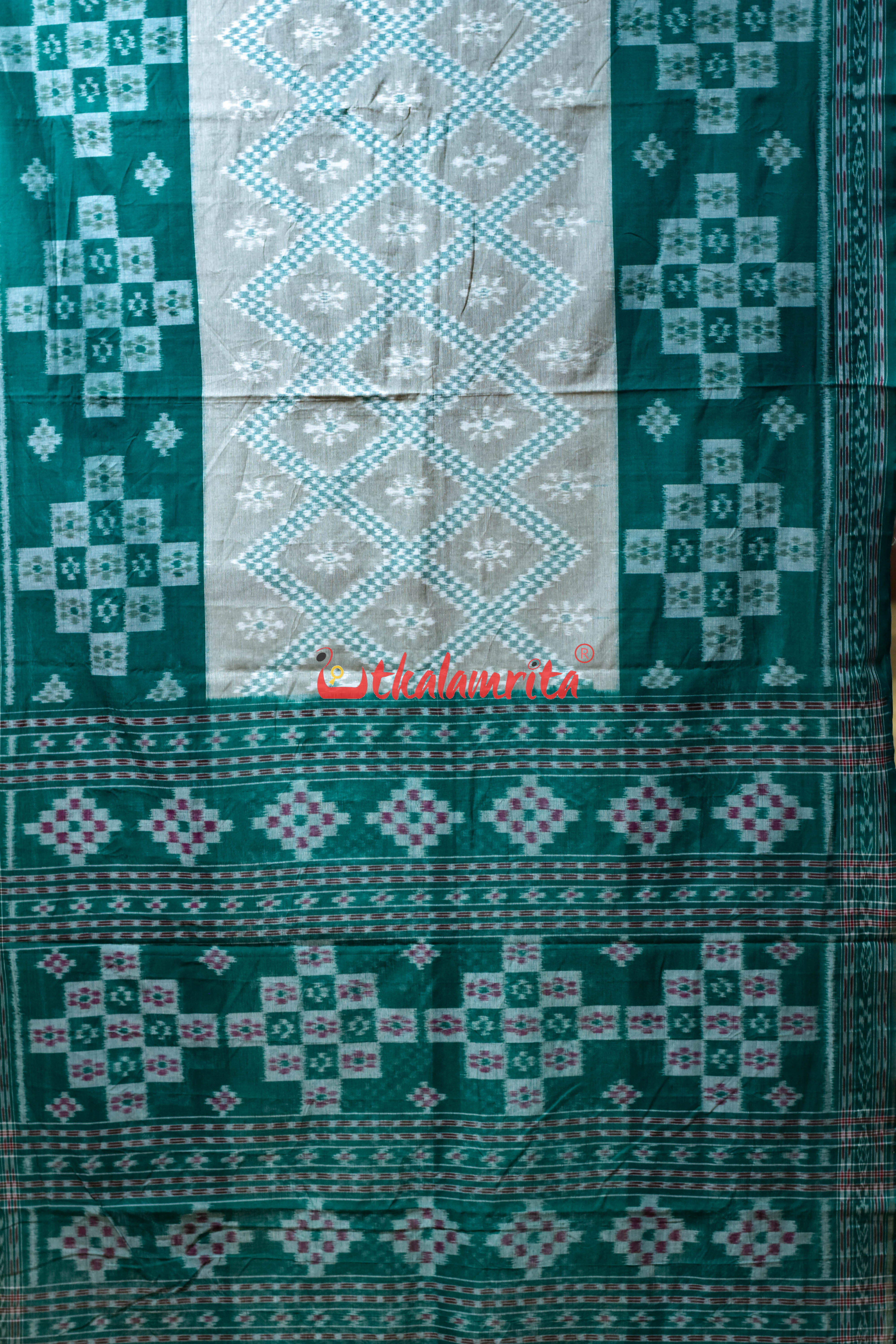White Green Bada Phula Khandua Cotton Saree