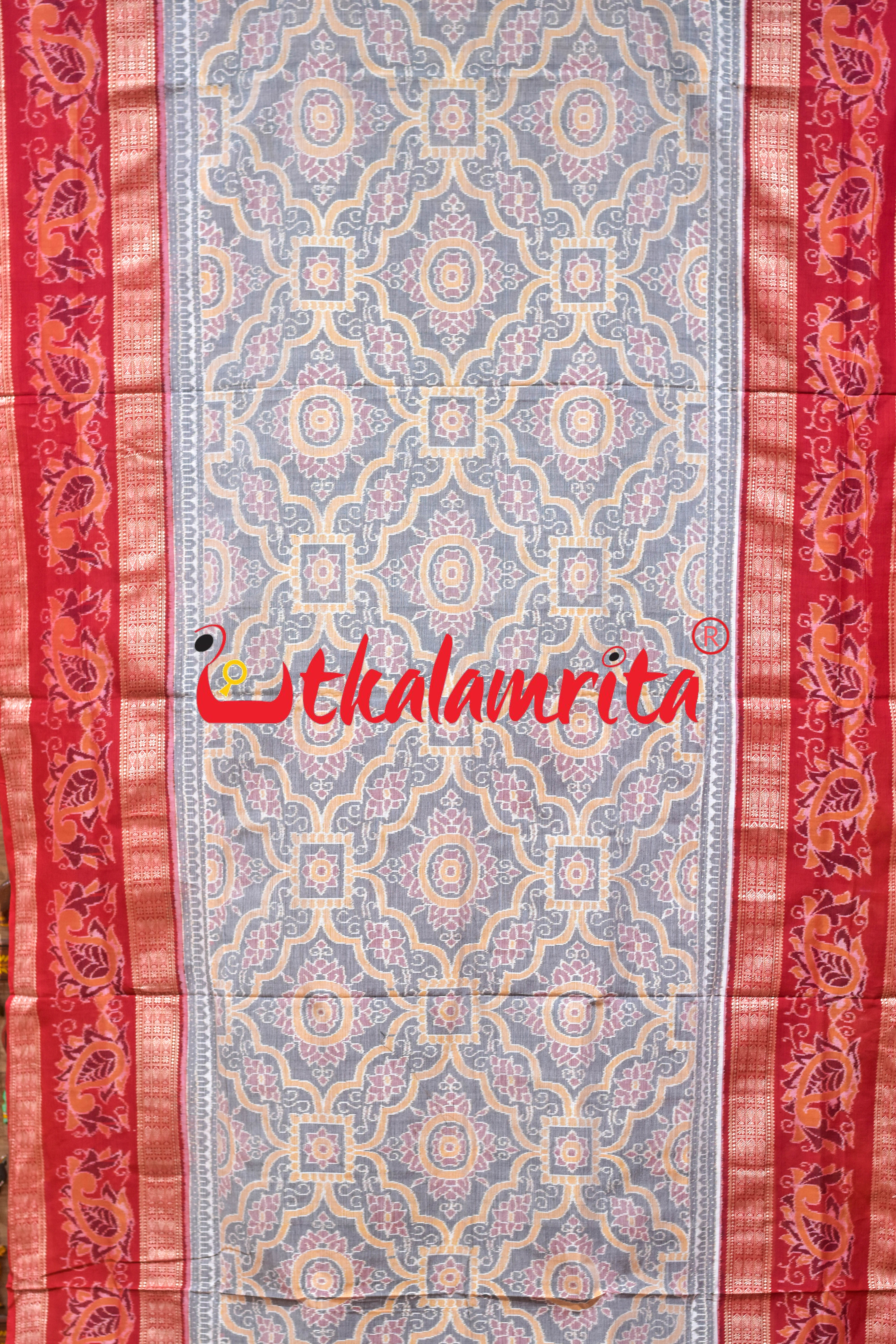 Grey Red Phula Jhoti Sambalpuri Cotton Saree