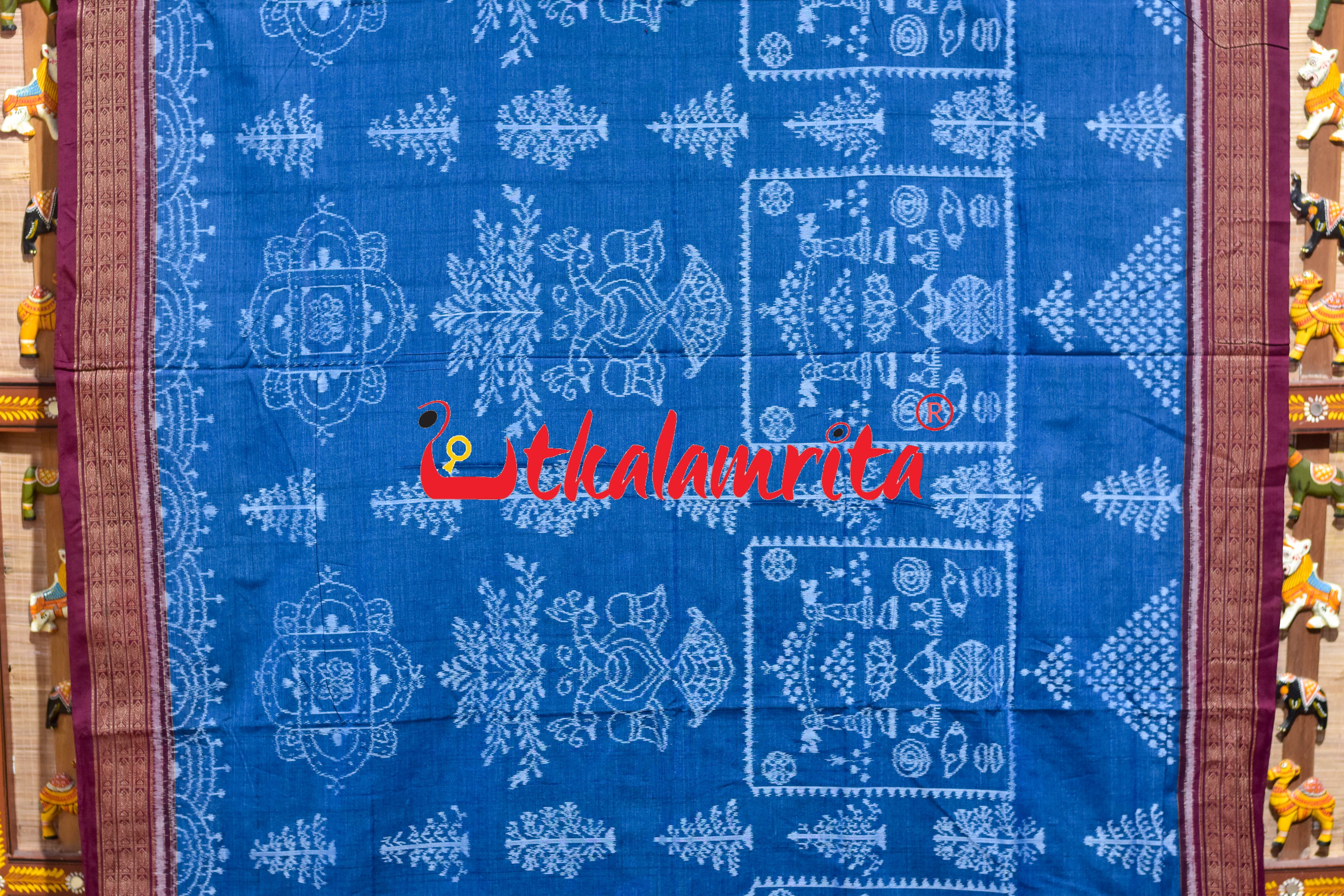 Mayura Kalasa Tree of Life Blue Maroon Sambalpuri Cotton Saree