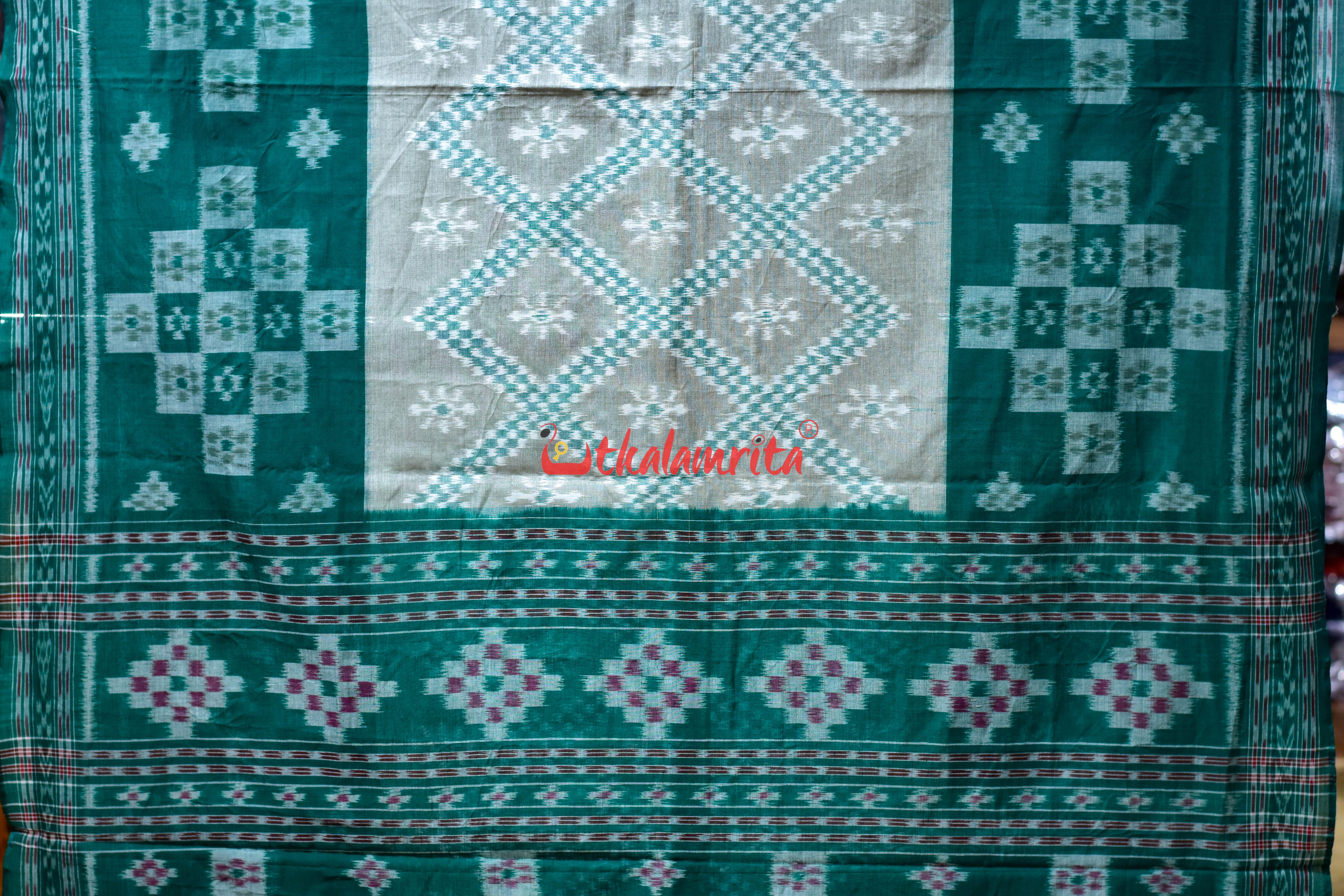 White Green Bada Phula Khandua Cotton Saree