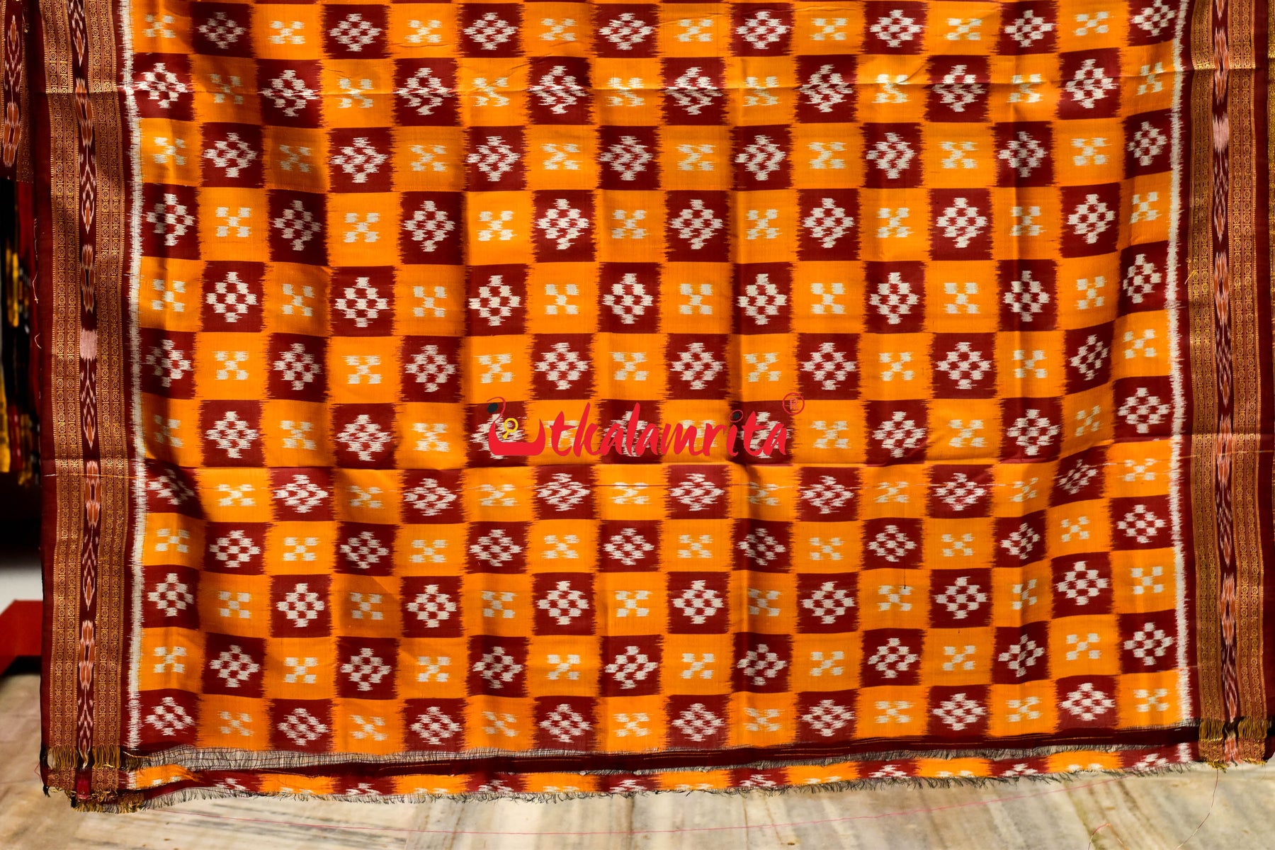 Mustard Maroon Body Pasapali Khandua Silk Saree