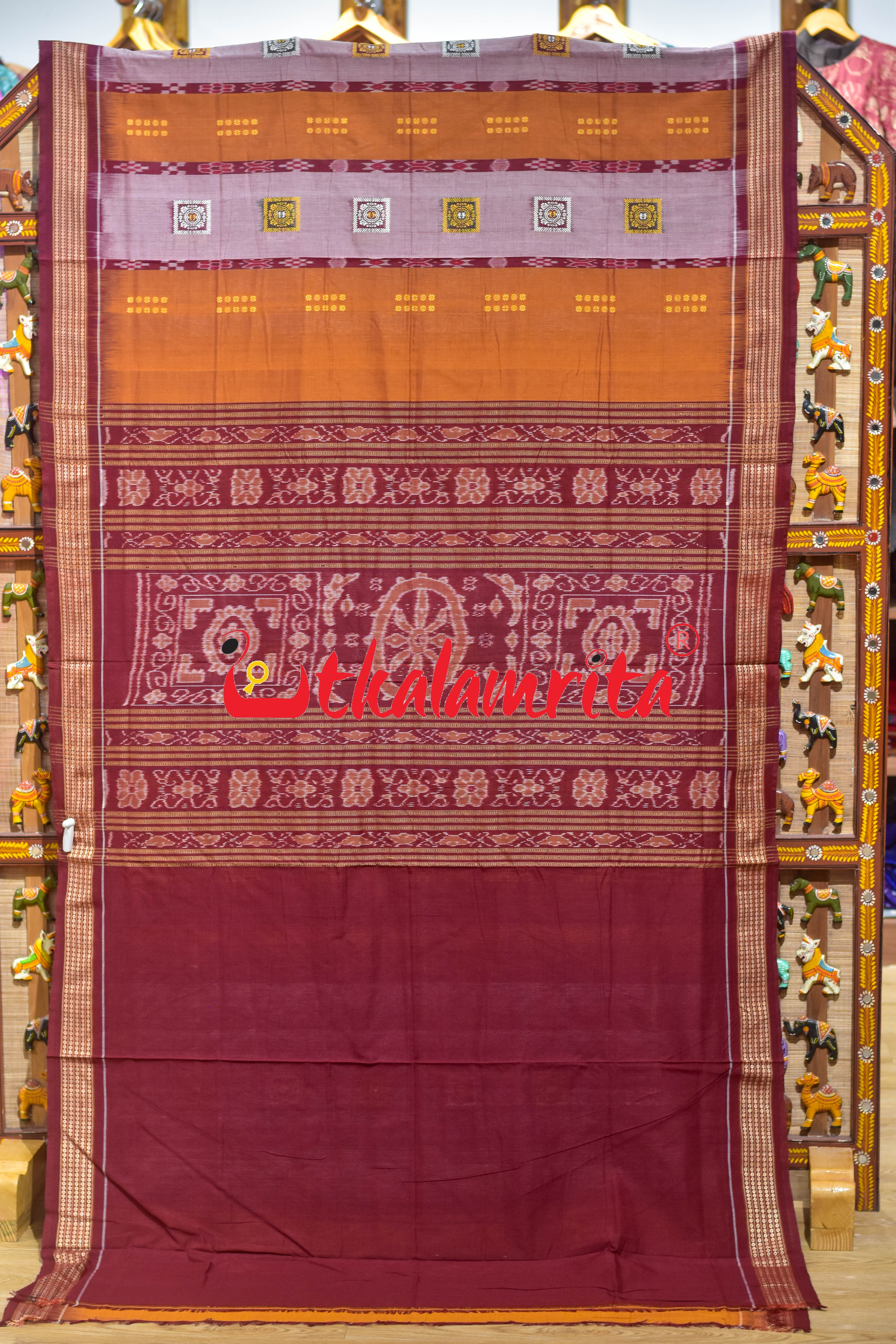 Mustard Peach Pere Bandha Bomkai Cotton Saree