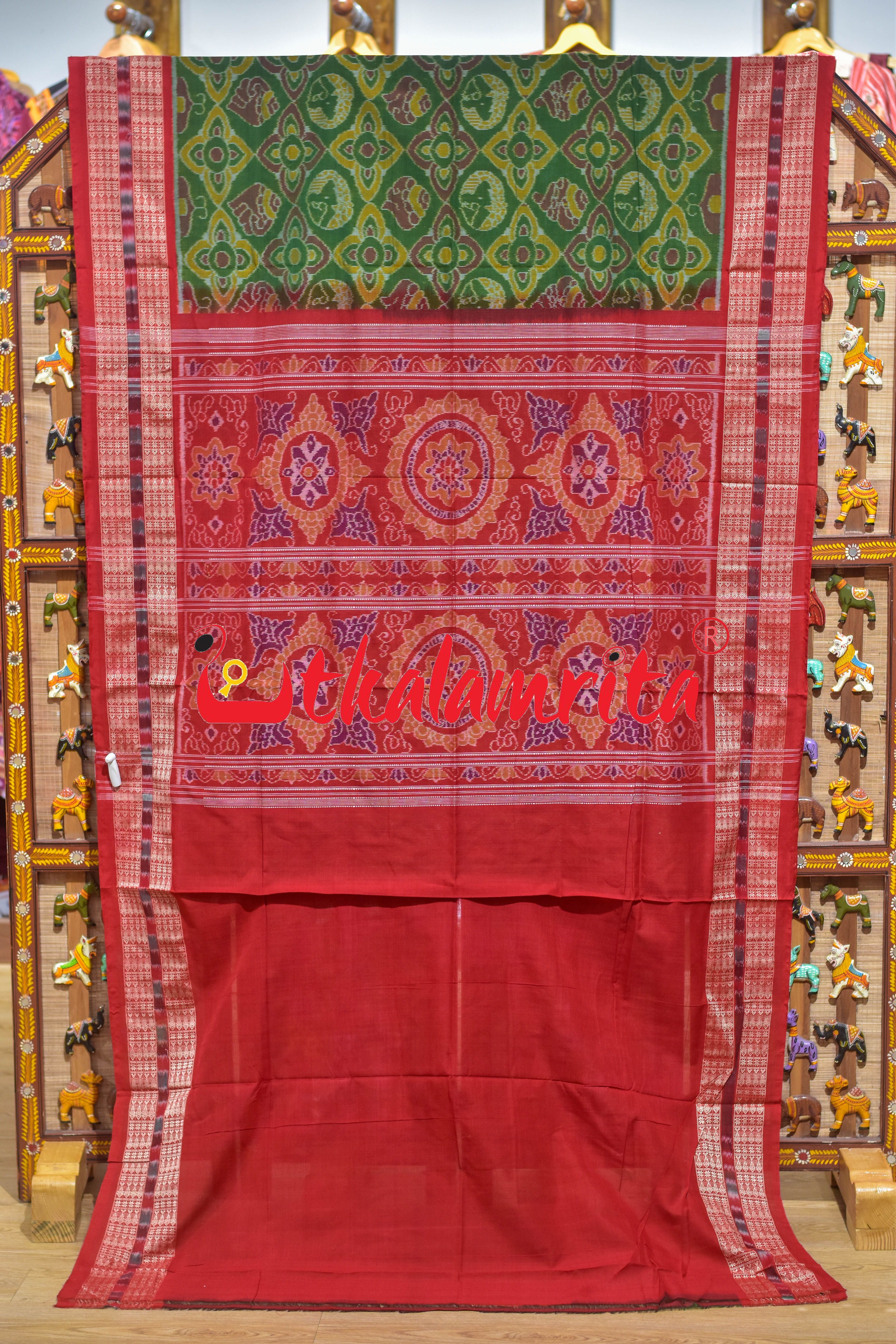 Mehndi Red Round Machha Sambalpuri Cotton Saree