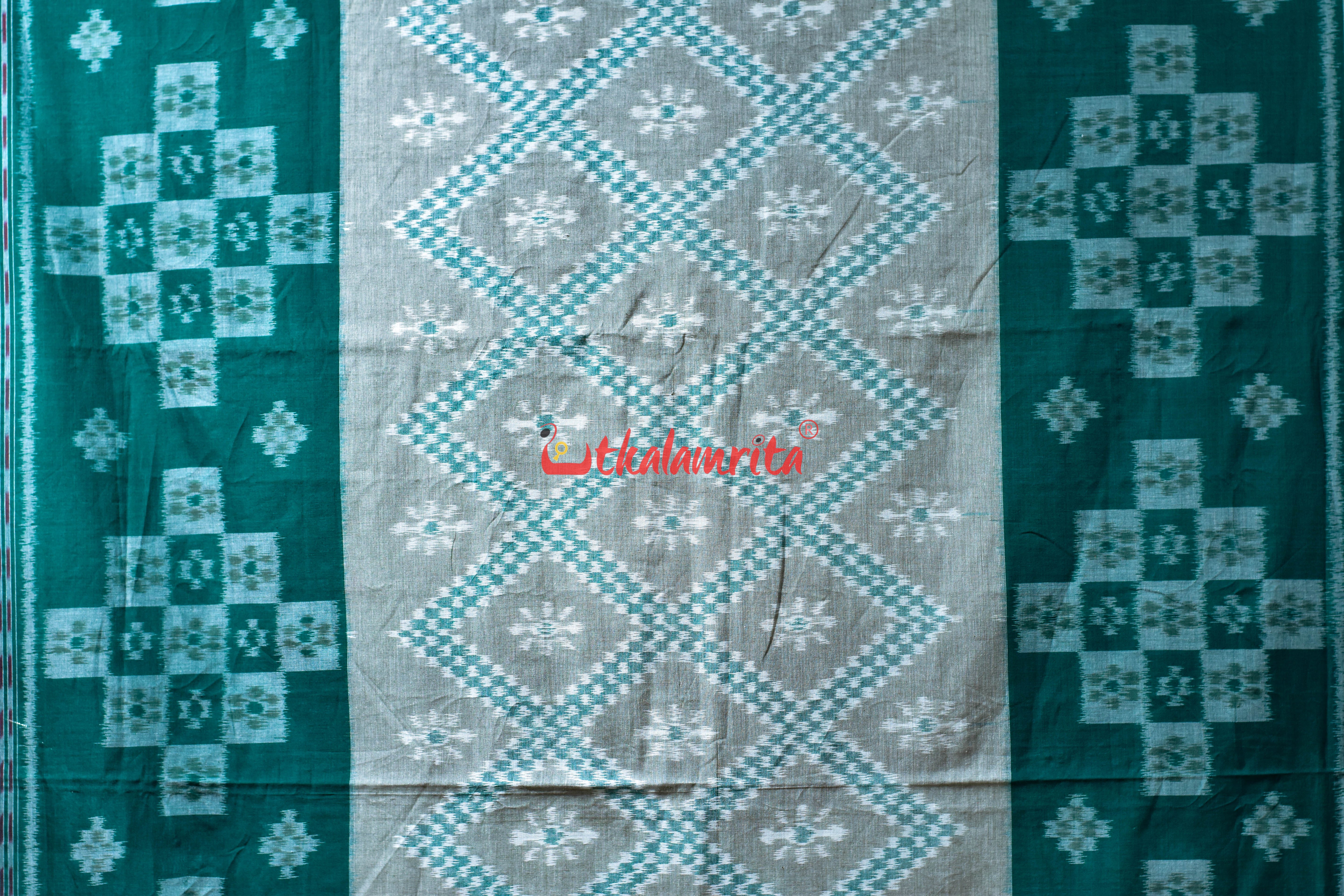 White Green Bada Phula Khandua Cotton Saree