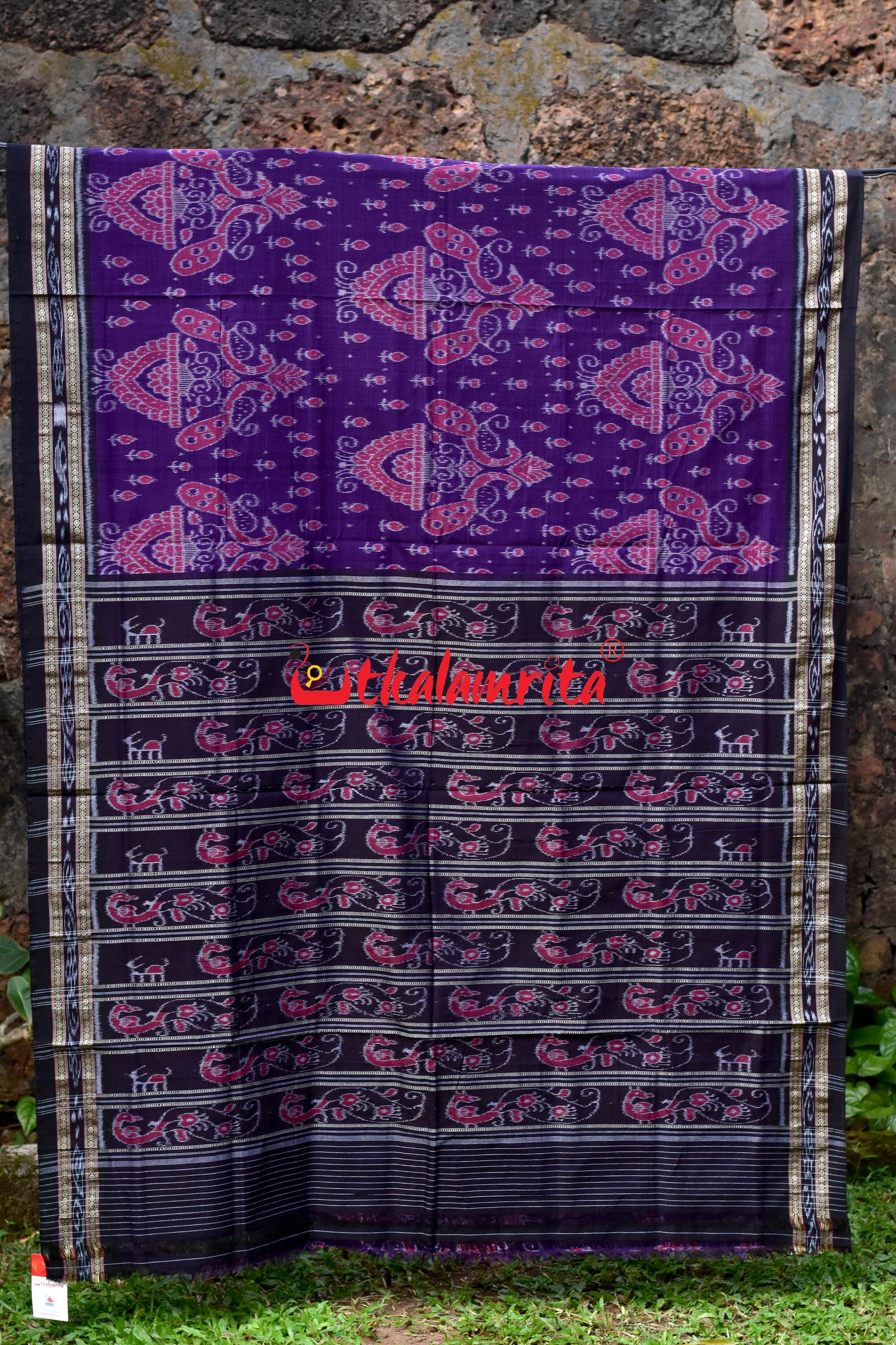 Purple Black Peacocks Khandua Cotton Saree