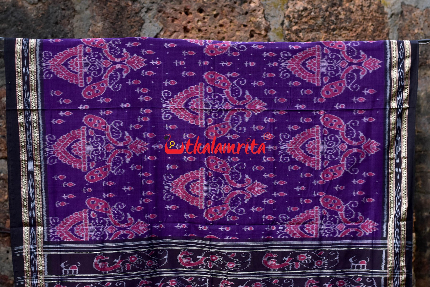 Purple Black Peacocks Khandua Cotton Saree