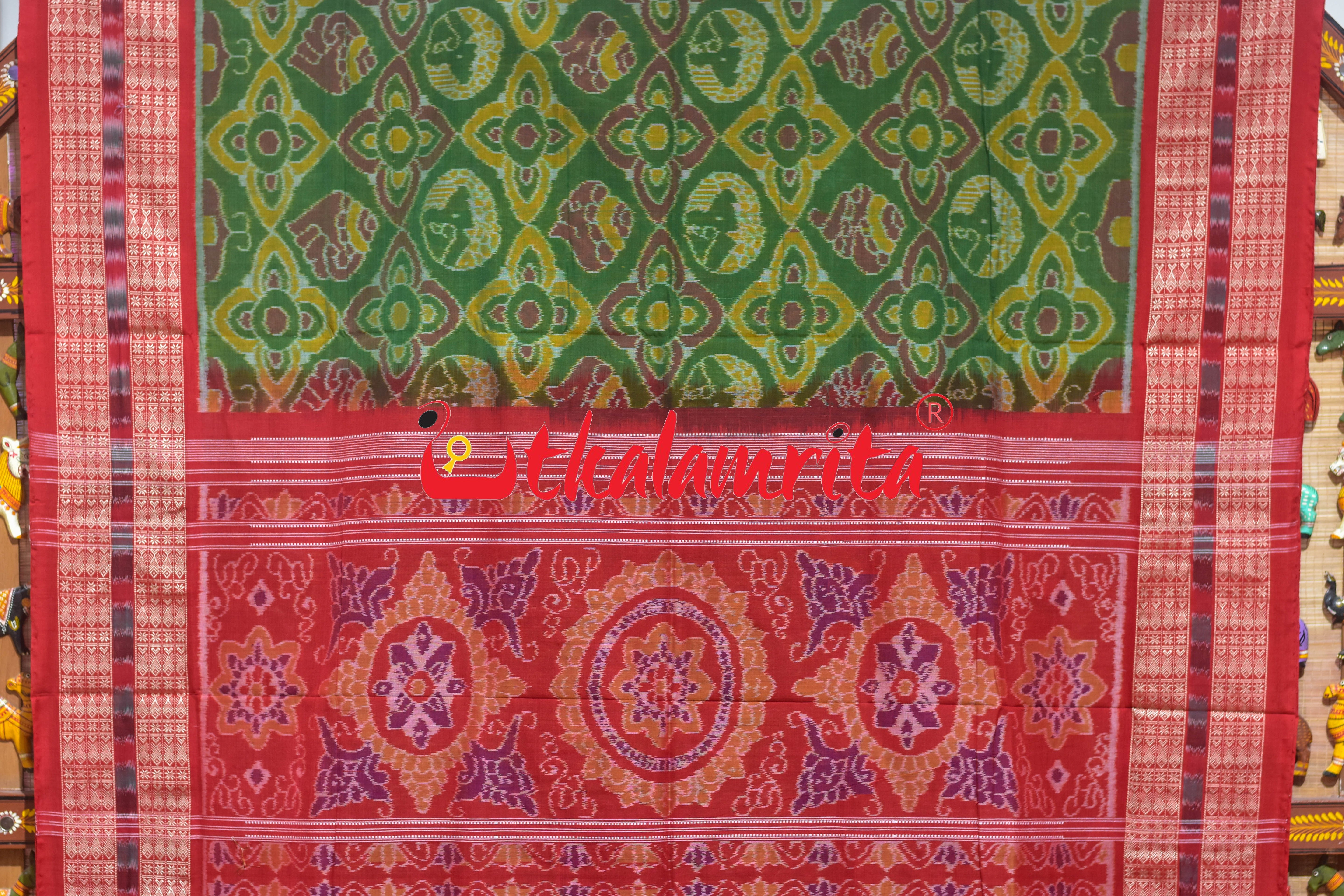 Mehndi Red Round Machha Sambalpuri Cotton Saree