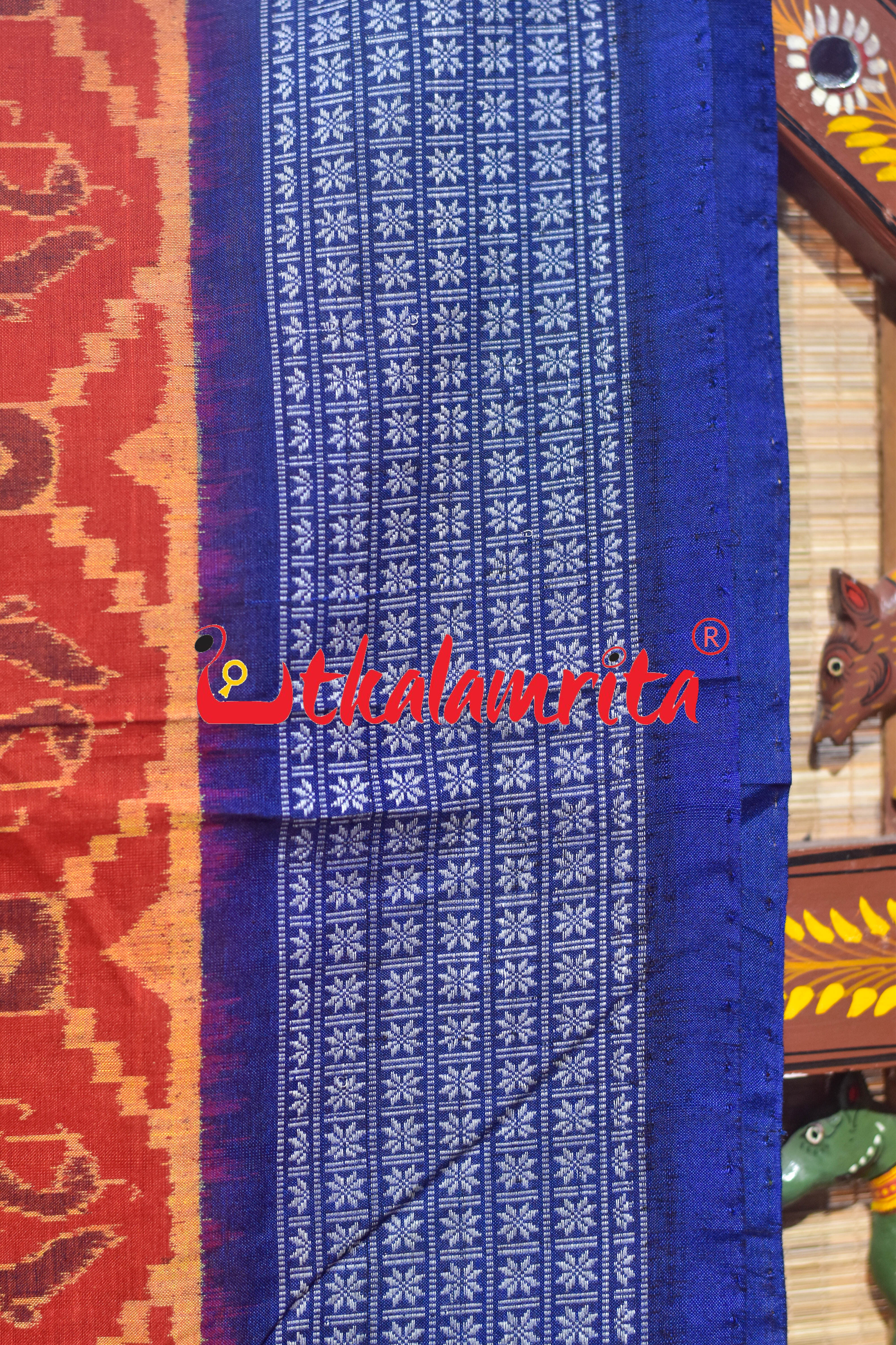 Sankha Chakra Rust Yellow Blue Sambalpuri Cotton Saree