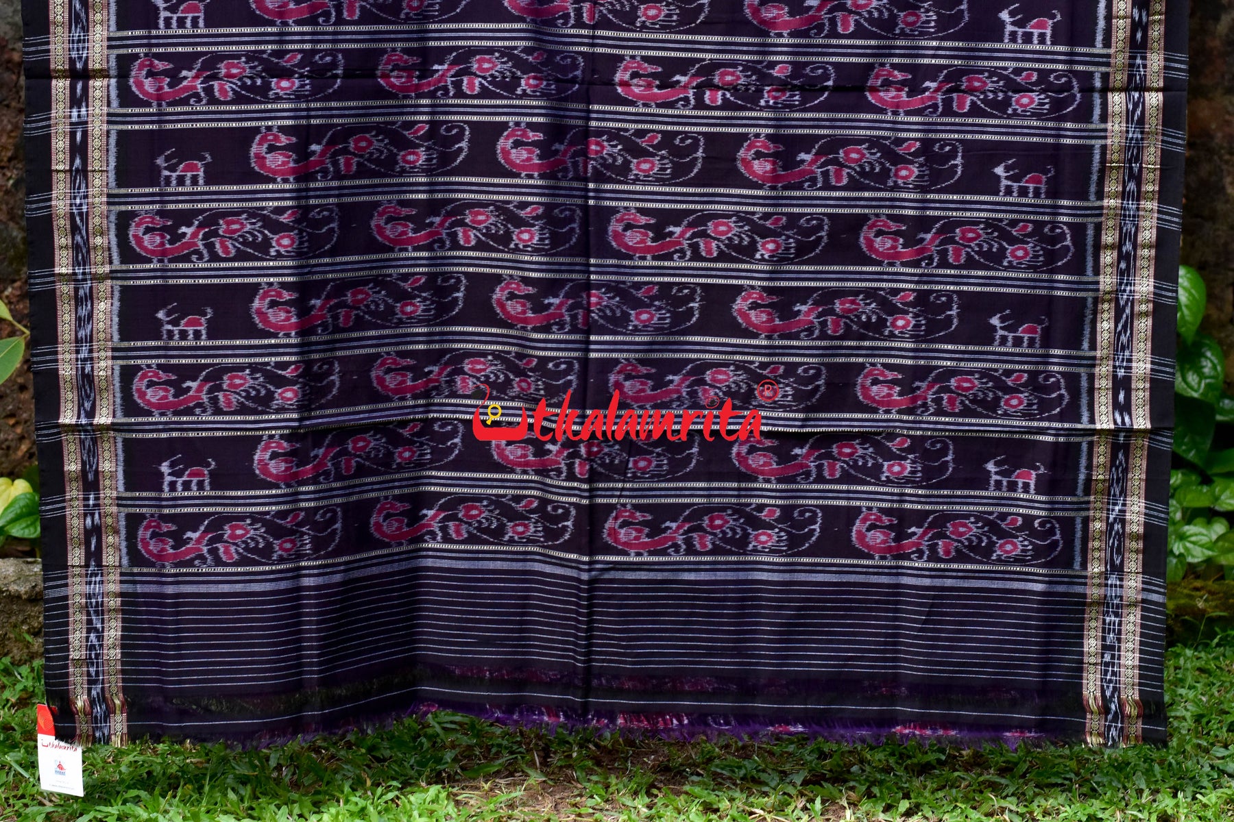 Purple Black Peacocks Khandua Cotton Saree