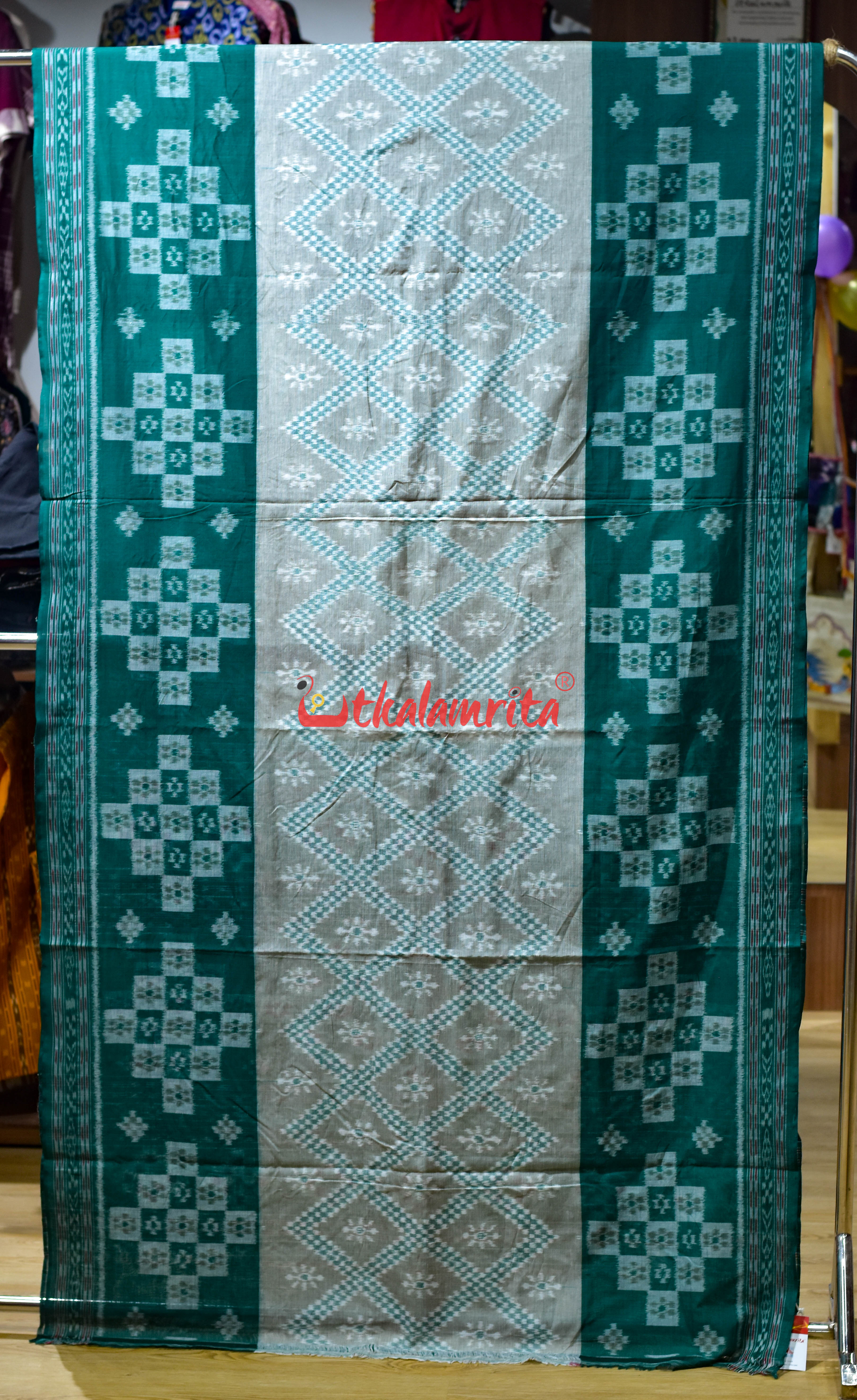 White Green Bada Phula Khandua Cotton Saree