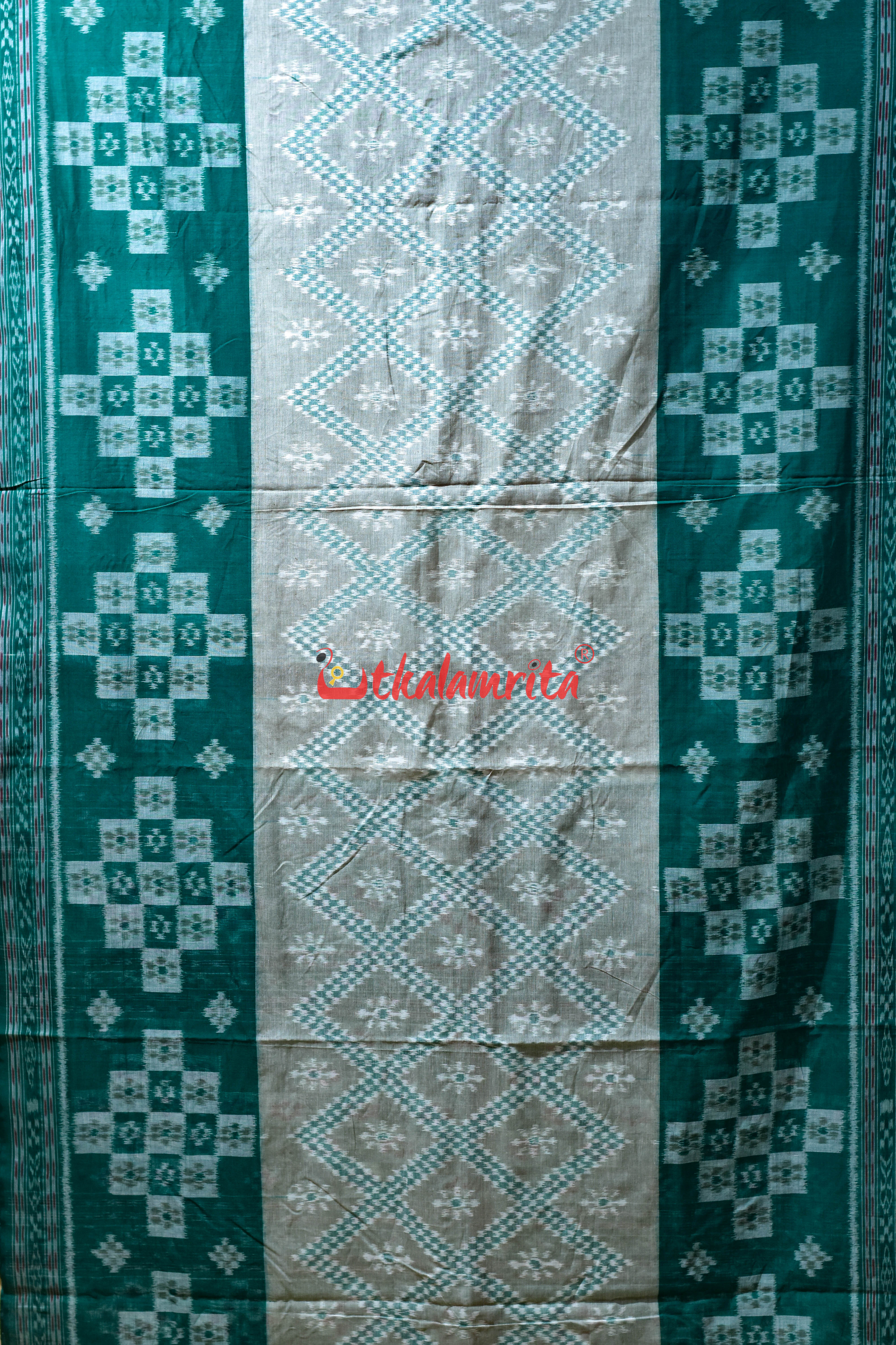 White Green Bada Phula Khandua Cotton Saree