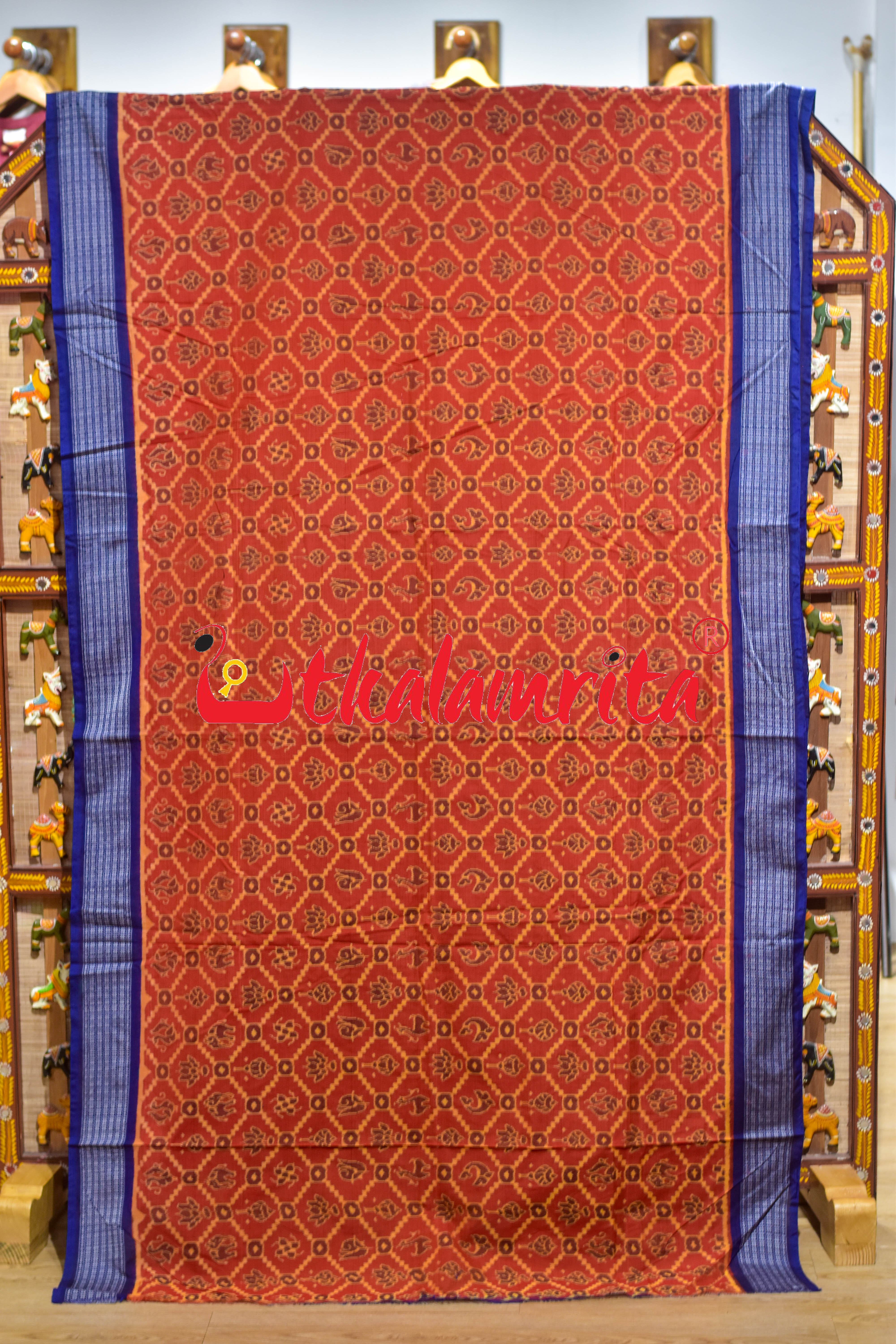 Sankha Chakra Rust Yellow Blue Sambalpuri Cotton Saree