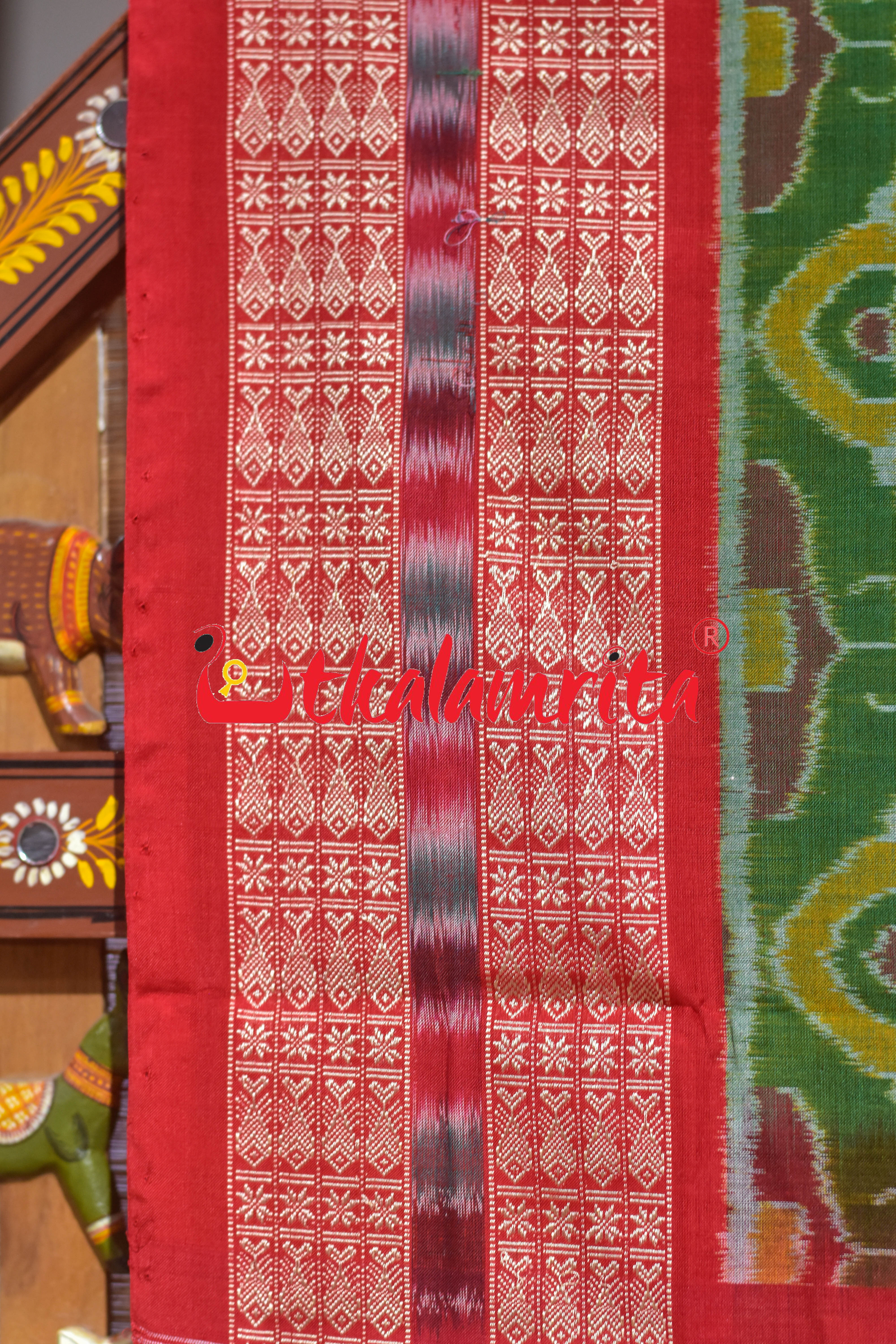 Mehndi Red Round Machha Sambalpuri Cotton Saree