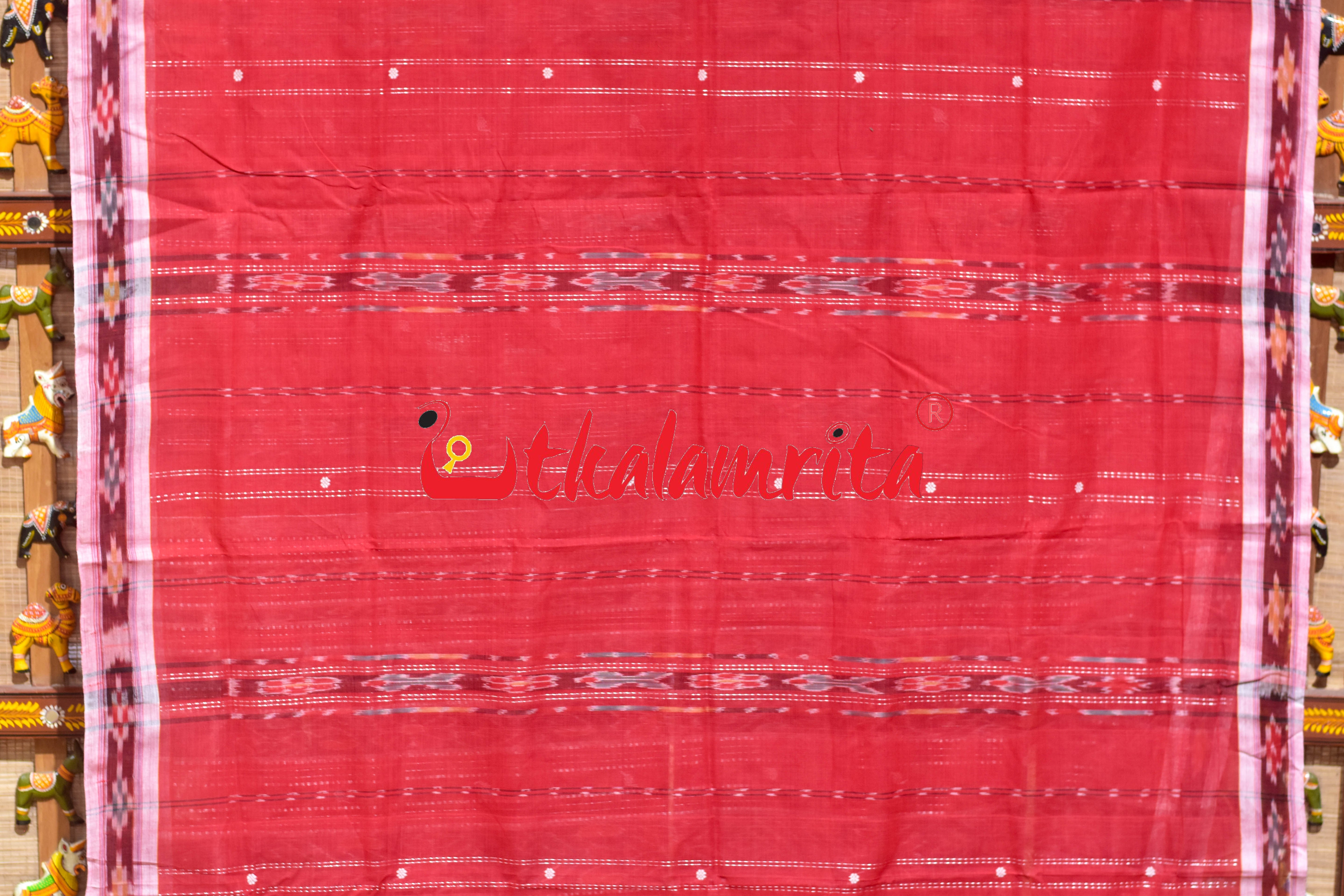 Red Fish Lines Pittala Single Cotton Saree