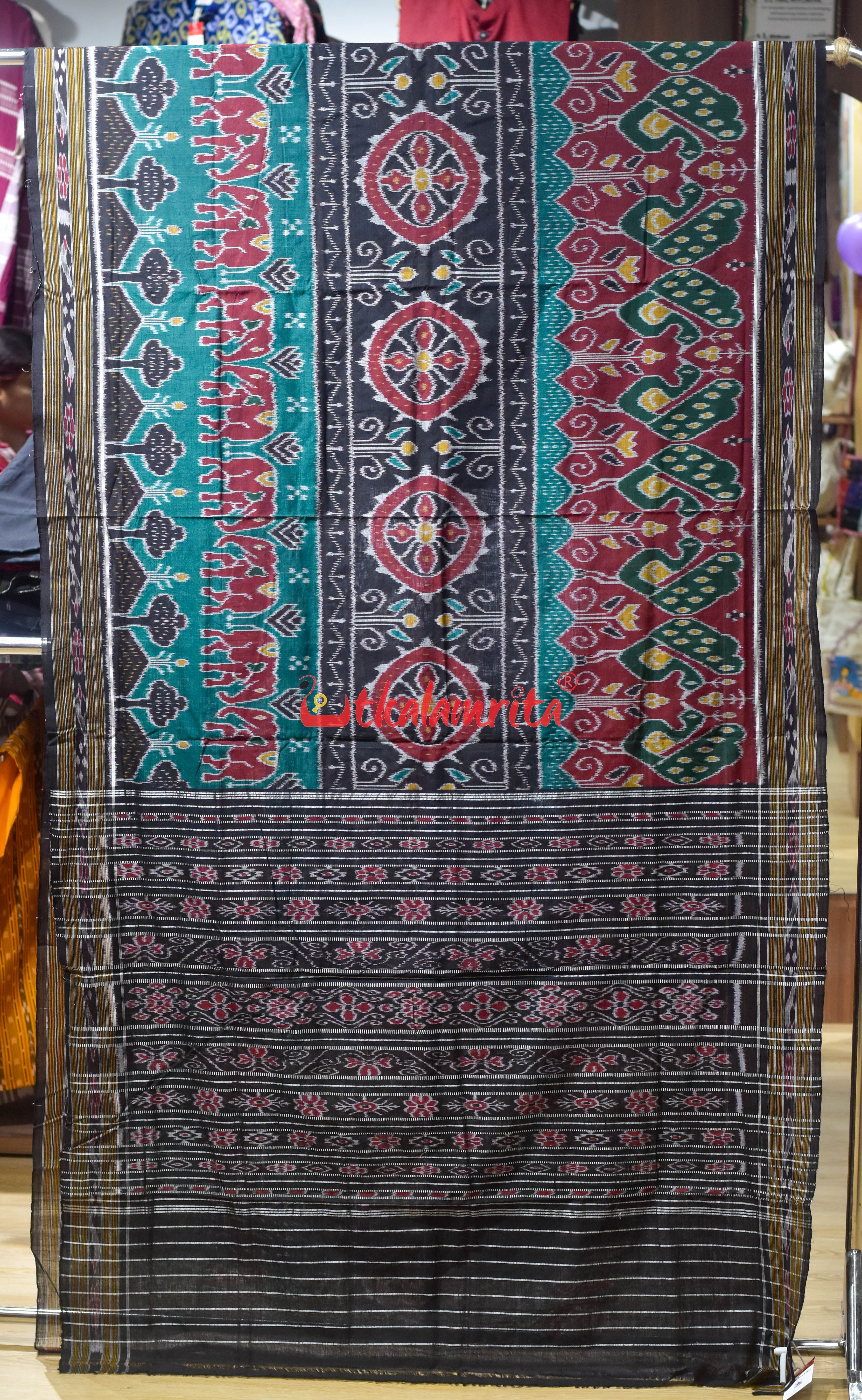 Black Elephant Scenery Khandua Cotton Saree