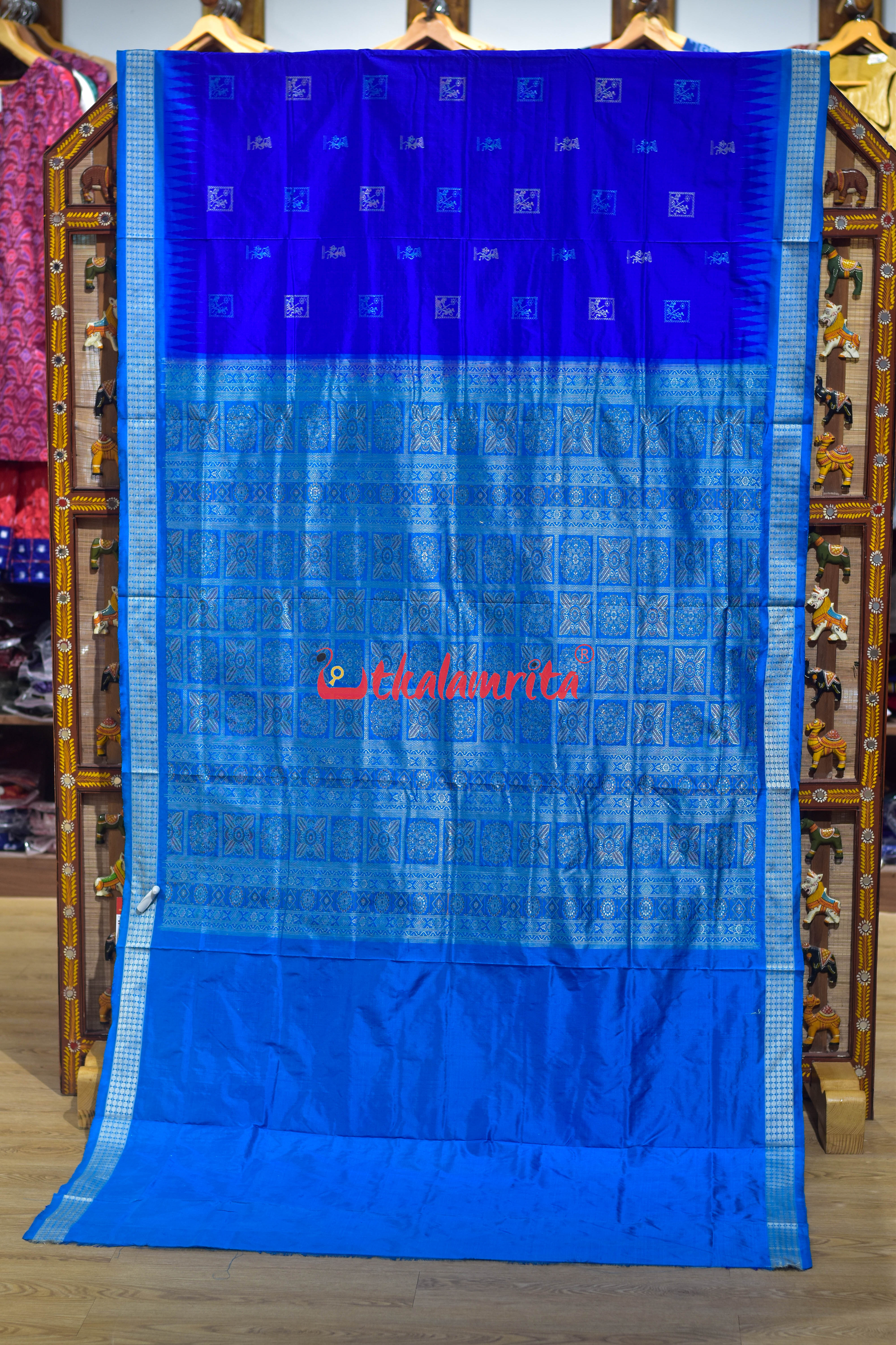 Deep Blue Copper Sulphate Box Tribal Bomkai Silk Saree
