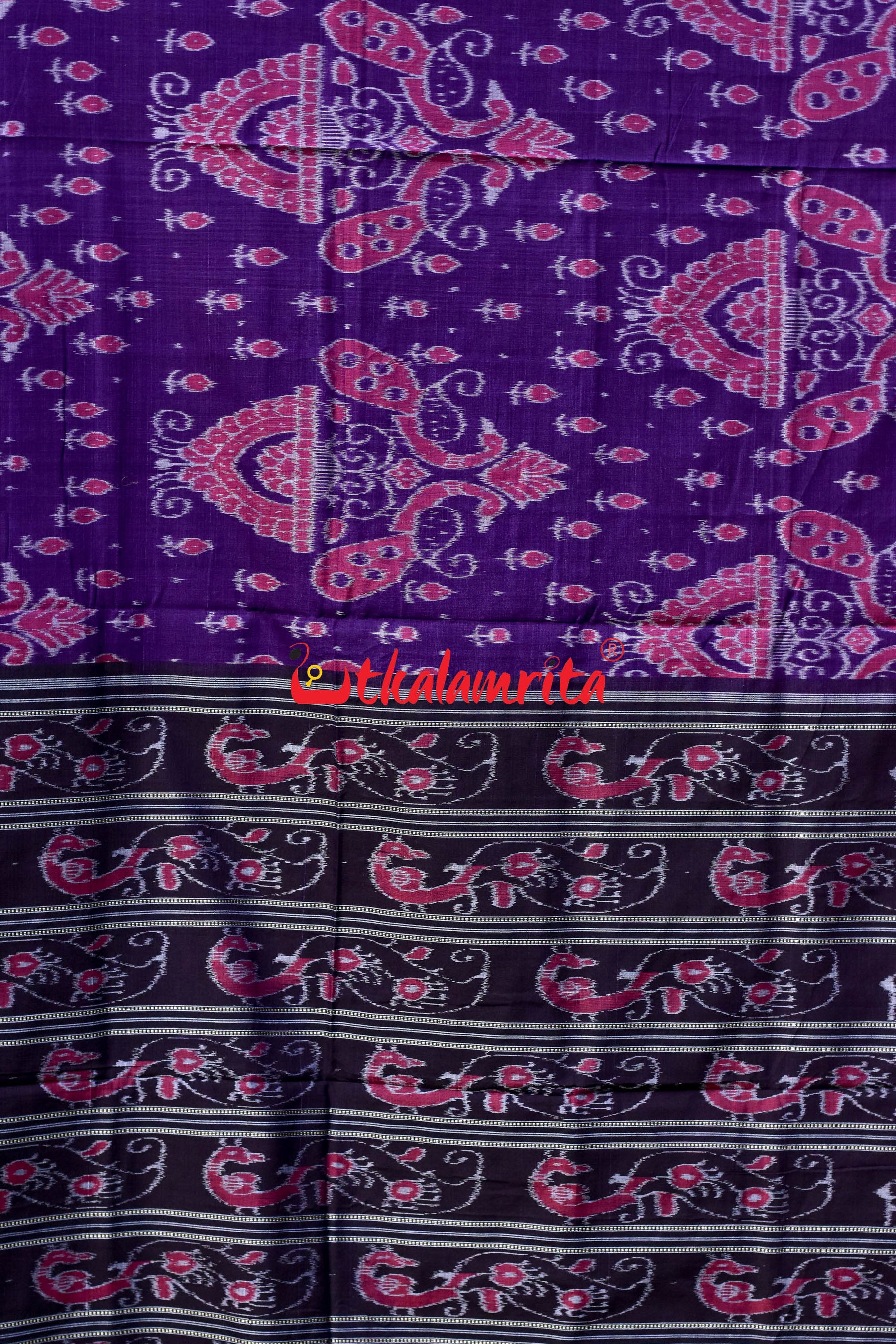 Purple Black Peacocks Khandua Cotton Saree