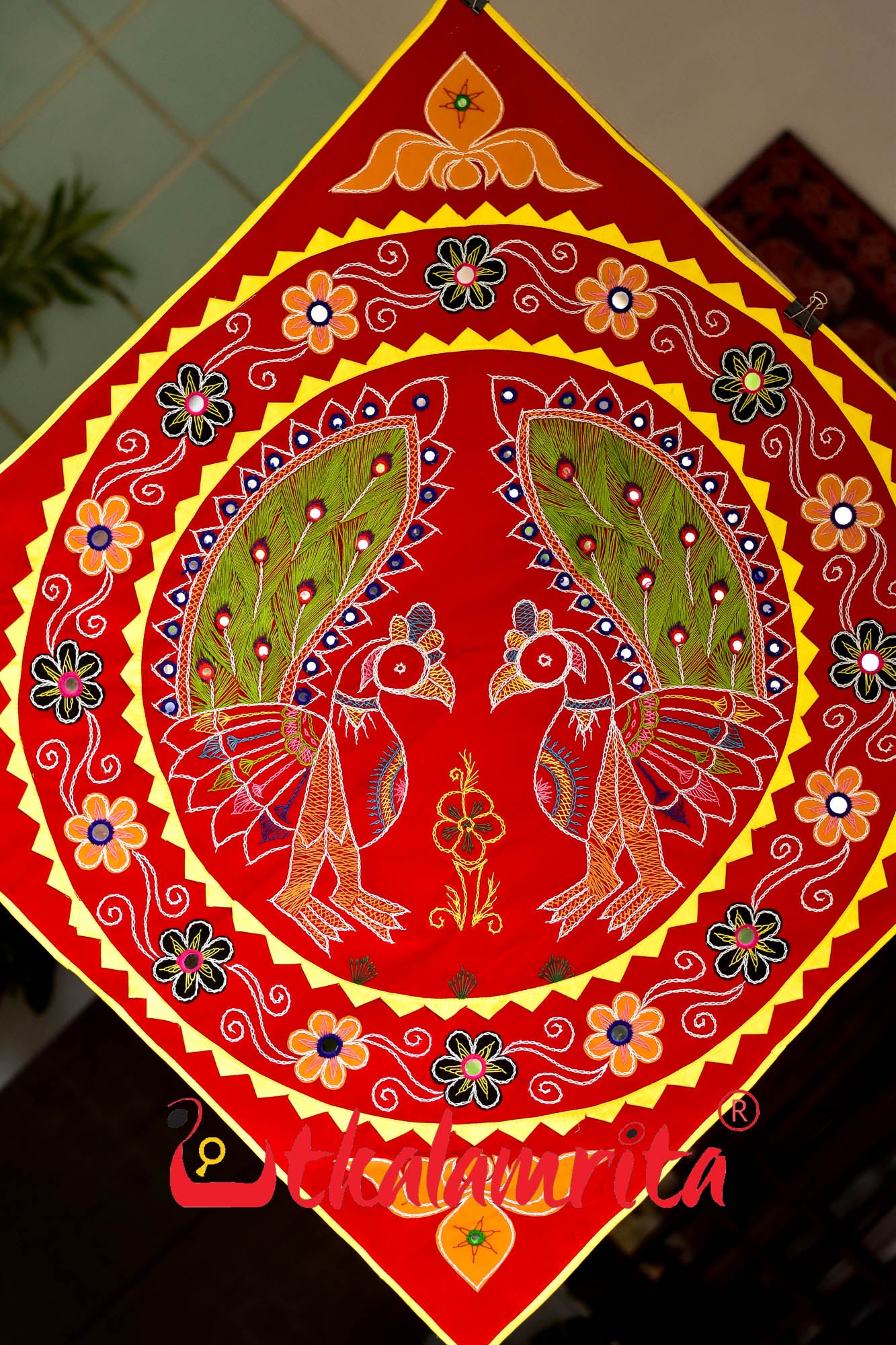 Double Peacock Red Green Applique