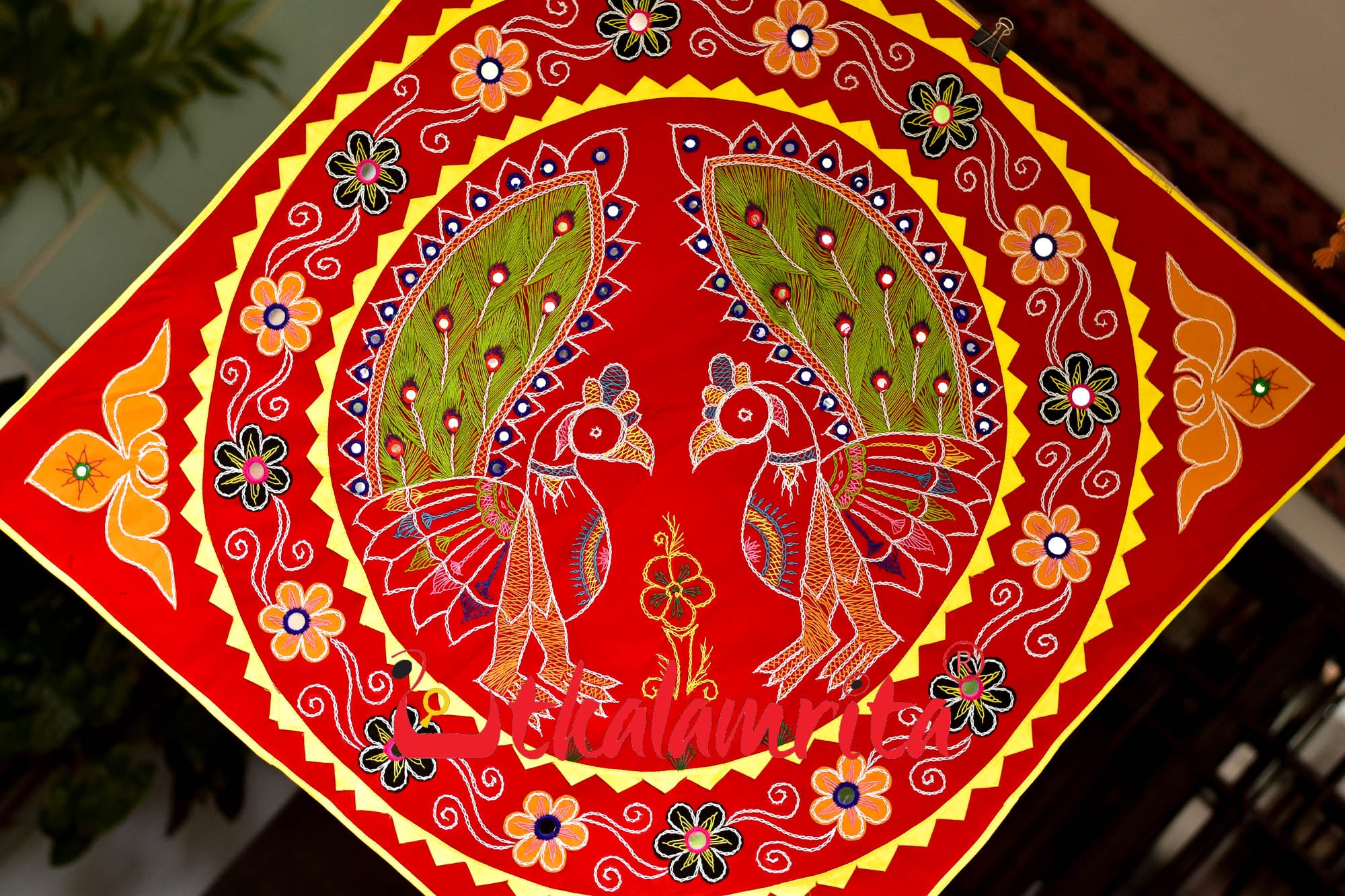 Double Peacock Red Green Applique