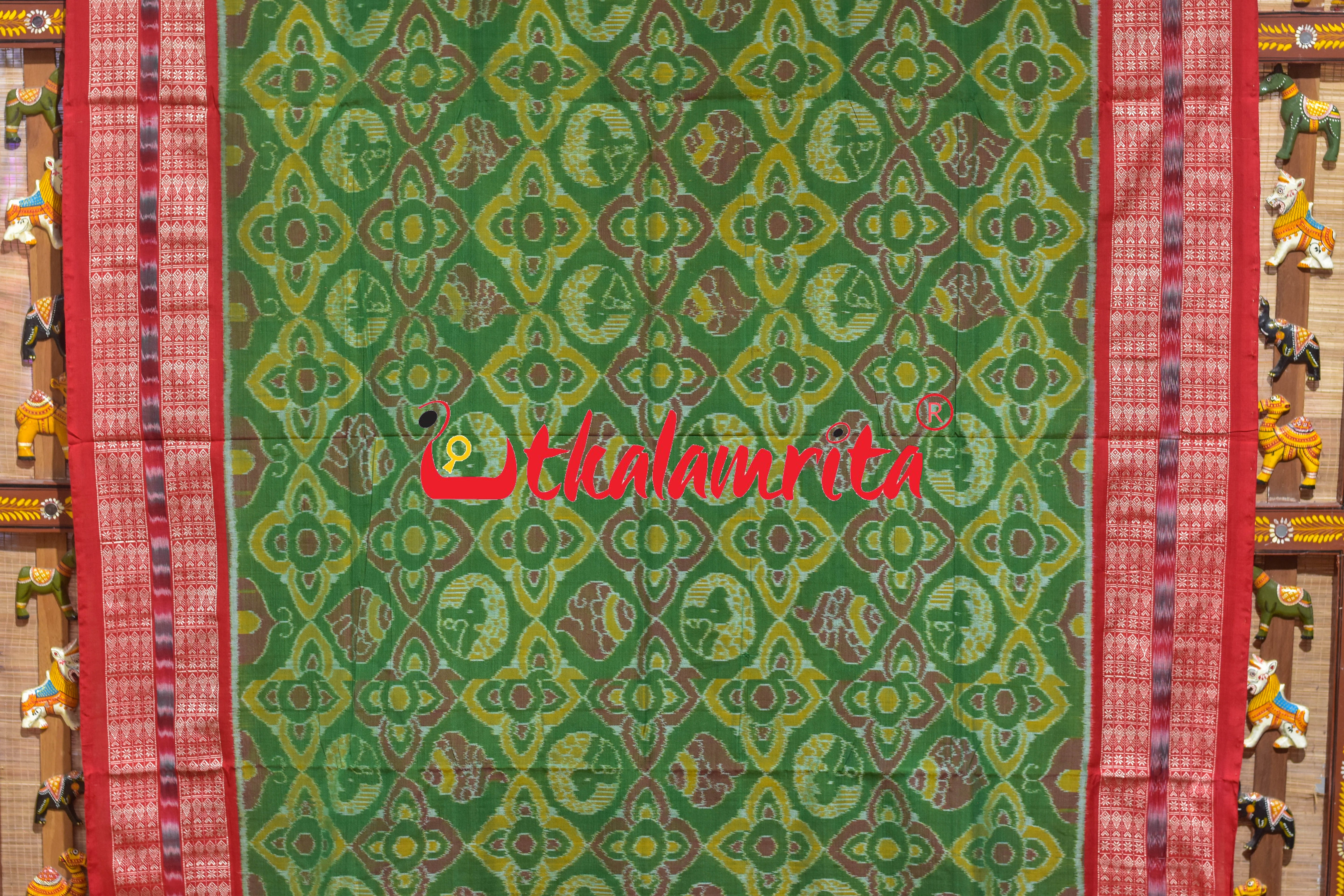 Mehndi Red Round Machha Sambalpuri Cotton Saree