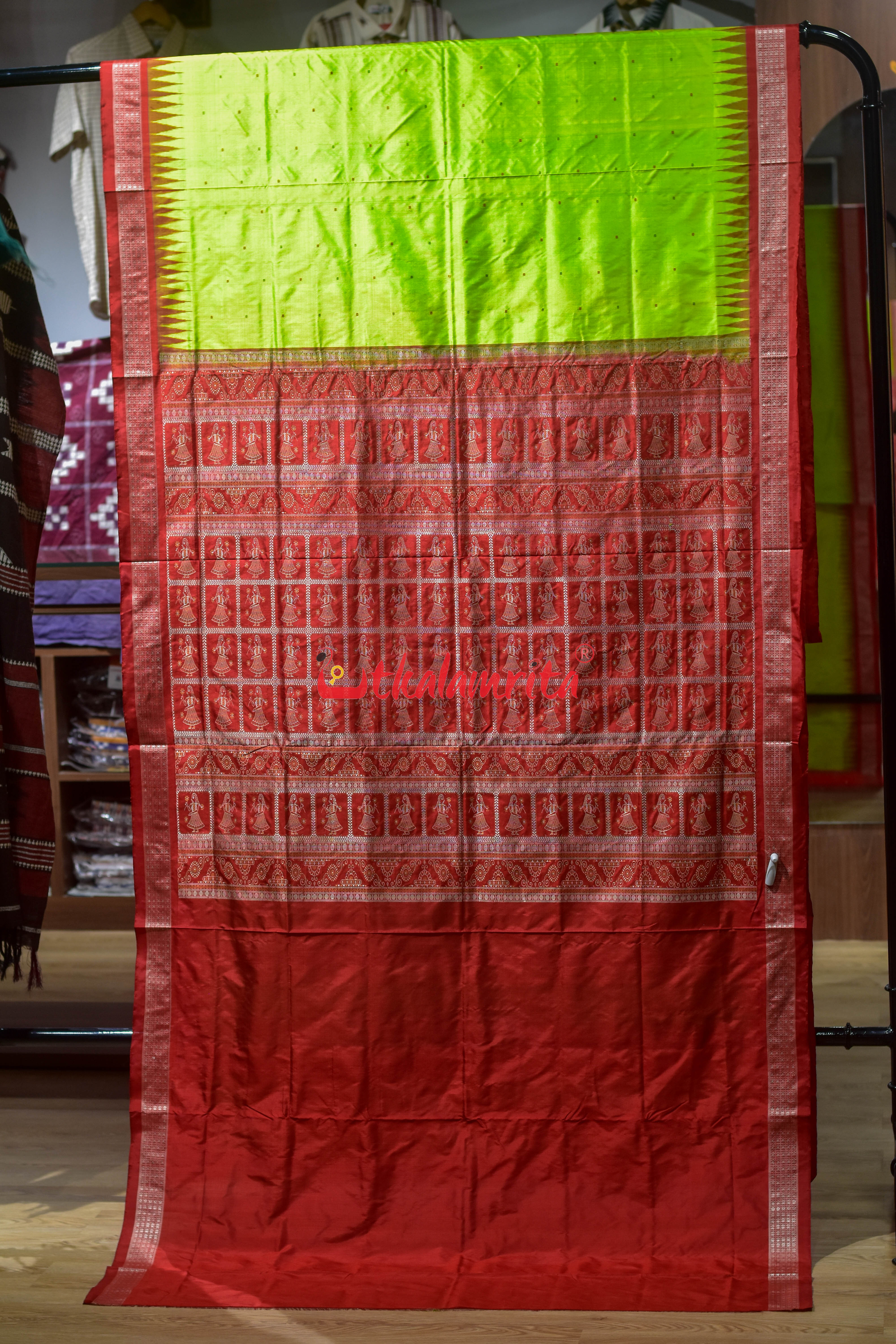 Lime Green Buti Bomkai Silk Saree