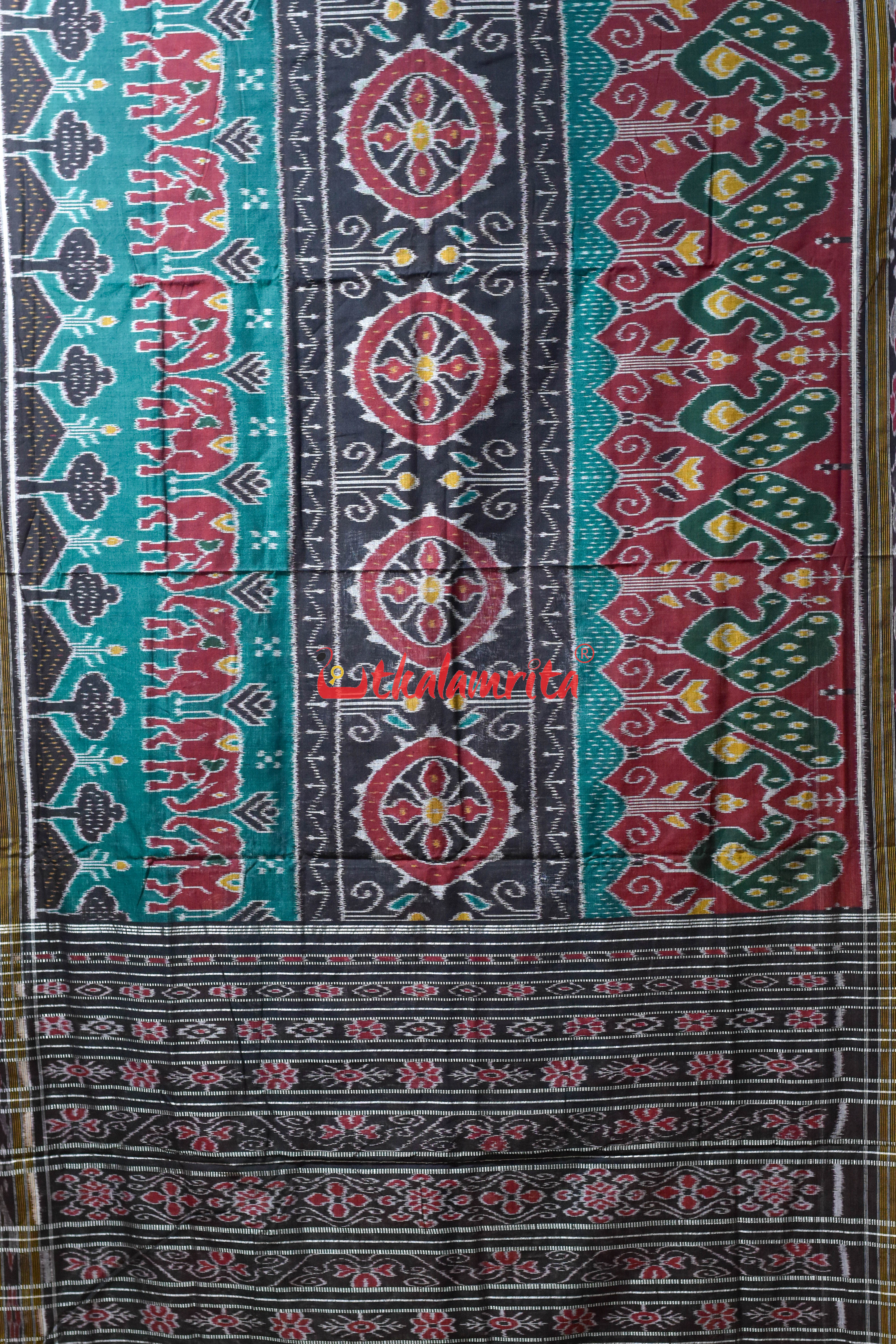 Black Elephant Scenery Khandua Cotton Saree