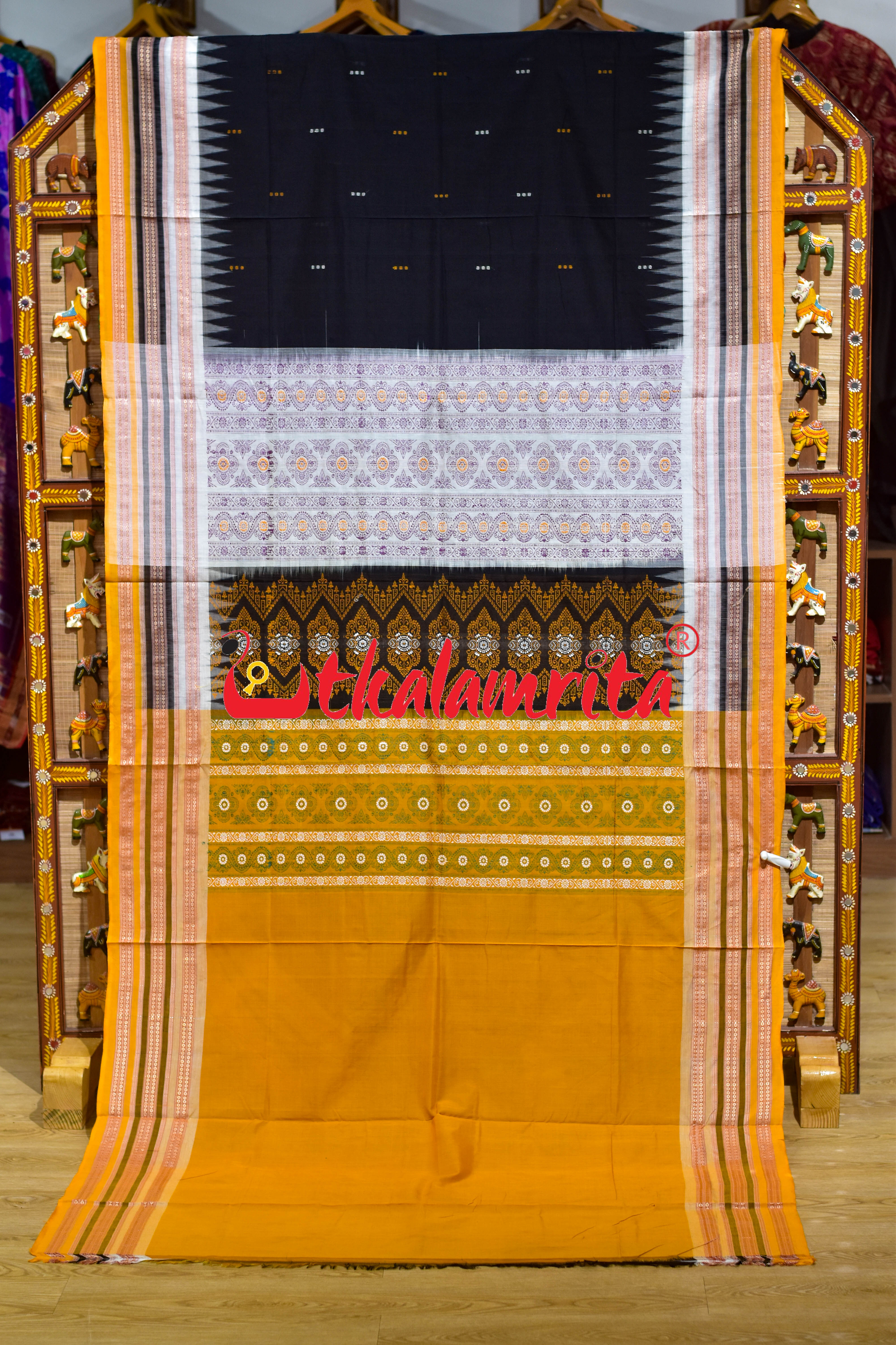 Black Yellow Triple Dhadi Bomkai Cotton Saree