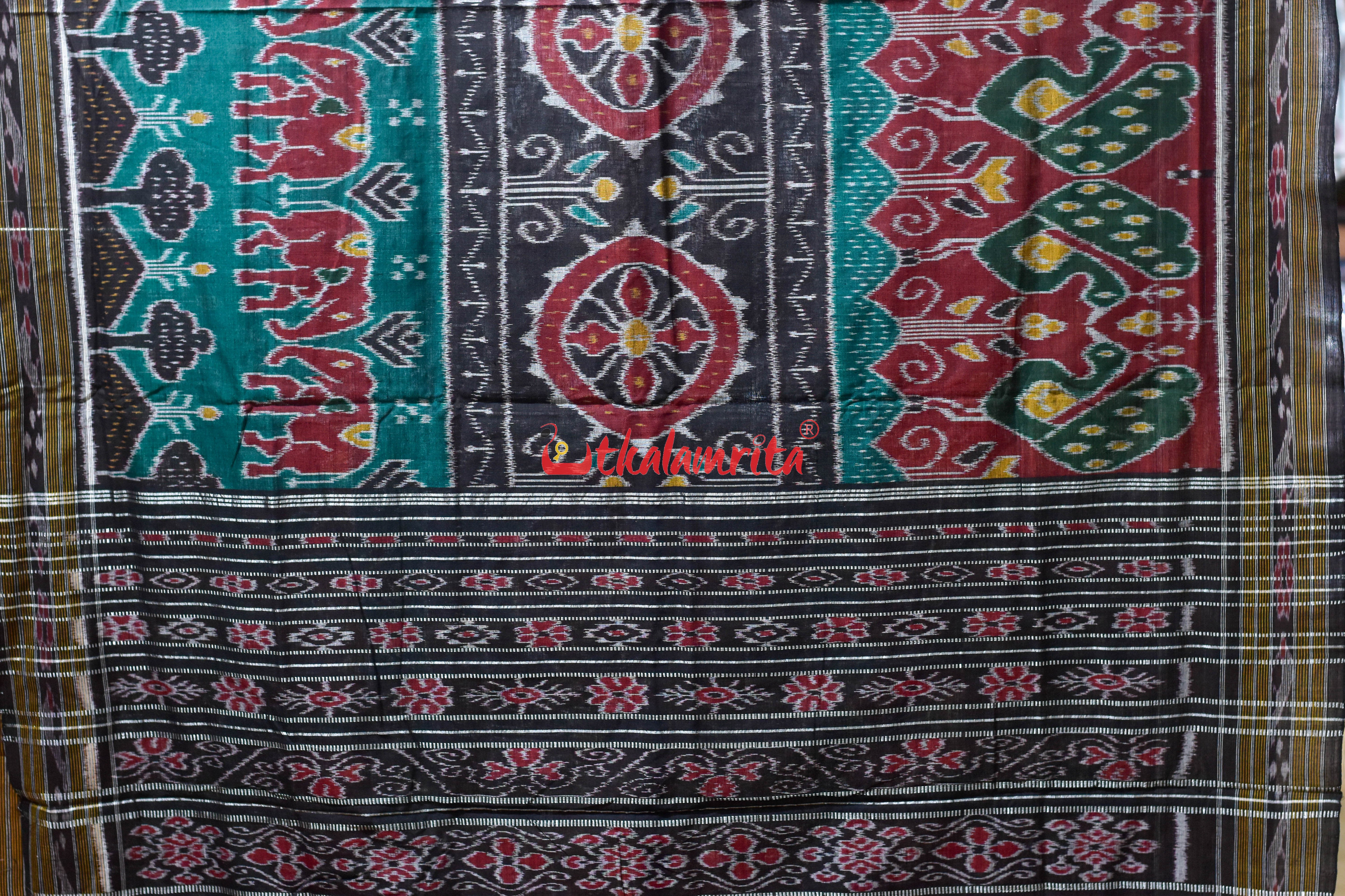 Black Elephant Scenery Khandua Cotton Saree